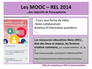 Les MOOC – REL 2014
…des objectifs de francophonie
Pôle de compétences TICE en documentation
- Cours sous forme de vidéo
- Notes collaboratives
-Bulletins d’information quotidiens
- …
Les ressources éducatives libres (REL) ,
état des lieux et enjeux, les licences
creative commons, par Isabelle RAMADE. 16, 26,
9,
http://www.youtube.com/watch?v=fMHYmshOTNU
http://creativecommons.fr/licences/les-6-licences/
Les ressources éducatives libres (REL) ,
état des lieux et enjeux, les licences
creative commons, par Isabelle RAMADE. 16, 26,
9,
http://www.youtube.com/watch?v=fMHYmshOTNU
http://creativecommons.fr/licences/les-6-licences/
 
