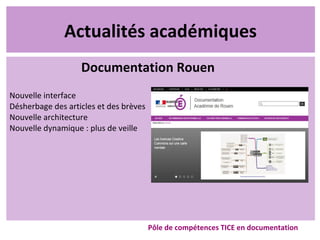 Actualités académiques
Pôle de compétences TICE en documentation
Documentation Rouen
Nouvelle interface
Désherbage des articles et des brèves
Nouvelle architecture
Nouvelle dynamique : plus de veille
 