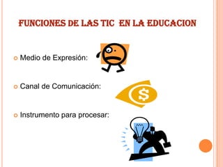 FUNCIONES DE LAS TIC EN LA EDUCACION



Medio de Expresión:



Canal de Comunicación:



Instrumento para procesar:

 
