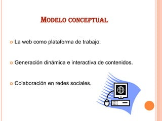 MODELO CONCEPTUAL


La web como plataforma de trabajo.



Generación dinámica e interactiva de contenidos.



Colaboración en redes sociales.

 