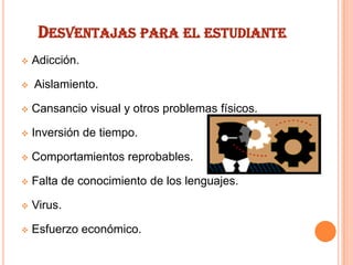 DESVENTAJAS PARA EL ESTUDIANTE



Adicción.
Aislamiento.



Cansancio visual y otros problemas físicos.



Inversión de tiempo.



Comportamientos reprobables.



Falta de conocimiento de los lenguajes.



Virus.



Esfuerzo económico.

 