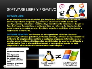 SOFTWARE LIBRE Y PRIVATIVO
SOFTWARE LIBRE:
Es la denominación del software que respeta la libertad de los usuarios
sobre su producto adquirido y, por tanto, una vez obtenido puede ser
usado, copiado, estudiado, modificado, y redistribuido libremente. Según la
Free Software Foundation, el software libre se refiere a la libertad de los
usuarios para ejecutar, copiar, distribuir, estudiar, modificar el software y
distribuirlo modificado .

SOFTWARE PRIVATIVO: El software no libre (también llamado software
propietario, software privativo, software privado, software con propietario o
software de propiedad) se refiere a cualquier programa informático en el
que los usuarios tienen limitadas las posibilidades de usarlo, modificarlo o
redistribuirlo (con o sin modificaciones), o cuyo código fuente no está
disponible o el acceso a éste se encuentra restringido .


ese pinguino se llama
tux
y es digamos la
mascota oficial
del software libre
la mascota oficial de
linux
y linux es un sistema
operativo libre.
 