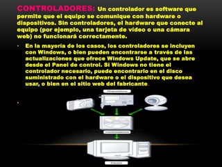 CONTROLADORES:            Un controlador es software que
permite que el equipo se comunique con hardware o
dispositivos. Sin controladores, el hardware que conecte al
equipo (por ejemplo, una tarjeta de vídeo o una cámara
web) no funcionará correctamente.
•   En la mayoría de los casos, los controladores se incluyen
    con Windows, o bien pueden encontrarse a través de las
    actualizaciones que ofrece Windows Update, que se abre
    desde el Panel de control. Si Windows no tiene el
    controlador necesario, puede encontrarlo en el disco
    suministrado con el hardware o el dispositivo que desea
    usar, o bien en el sitio web del fabricante.


•
 