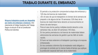 Ninguna trabajadora puede ser despedida
por motivo de embarazo o lactancia, dice
claramente el Código Sustantivo del Trabajo.
Según el artículo 43 de la Constitución
Política de Colombia
 El periodo a la protección comprende la etapa del embarazo y
126 días de licencia de maternidad.
 «En el caso de que la trabajadora no tomara de la semana de
preparto o de alguna de las 18 semanas (126 días) de la
licencia de maternidad tiene derecho al reconocimiento en
dinero de este tiempo».
 Para el caso de los partos múltiples tendrá derecho a dos
semanas más, es decir 20 semanas (140 días).
 En los partos prematuros a la licencia de maternidad deben
adicionarse las semanas de gestión que les faltó al recién
nacido.
 El fuero se hace extensivo al trabajador que tenga a la esposa
embarazada.
 En los contratos a término fijo el empleador está obligado a
prorrogar el contrato por lo menos hasta el tiempo que aplique
la protección especial del fuero de la maternidad.
TRABAJO DURANTE EL EMBARAZO
 