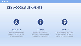 KEY ACCOMPLISHMENTS
MERCURY
Mercury is the closest
planet to the Sun and
the smallest one
VENUS
Venus has a beautiful
name and is the second
planet from the Sun
MARS
Despite being red, Mars
is actually a cold place.
It's full of iron oxide dust
 
