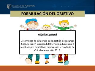 FORMULACIÓN DEL OBJETIVO
Objetivo general
Determinar la influencia de la gestión de recursos
financieros en la calidad del servicio educativo en
instituciones educativas públicas de secundaria de
Chincha, en el año 2016.
 