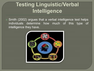  Smith (2002) argues that a verbal intelligence test helps
individuals determine how much of this type of
intelligence they have.
 