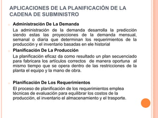 APLICACIONES DE LA PLANIFICACIÓN DE LA CADENA DE SUBMINISTROAdministración De La Demanda 	La administración de la demanda desarrolla la predicción siendo estas las proyecciones de la demanda mensual,  semanal o diaria que determinan los requerimientos de la producción y el inventario basadas en ele historialPlanificación De La Producción 	La planificación eficaz da como resultado un plan secuenciado para fabricara los artículos correctos  de manera oportuna  al mismo tiempo que se opera dentro de las restricciones de la planta el equipo y la mano de obra.Planificación De Los Requerimientos 	El proceso de planificación de los requerimientos emplea técnicas de evaluación para equilibrar los costos de la producción, el inventario el almacenamiento y el trasporte.