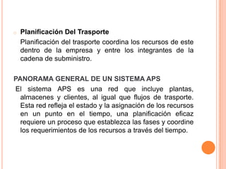 Planificación Del Trasporte 	Planificación del trasporte coordina los recursos de este dentro de la empresa y entre los integrantes de la cadena de subministro.PANORAMA GENERAL DE UN SISTEMA APS El sistema APS es una red que incluye plantas, almacenes y clientes, al igual que flujos de trasporte. Esta red refleja el estado y la asignación de los recursos en un punto en el tiempo, una planificación eficaz requiere un proceso que establezca las fases y coordine los requerimientos de los recursos a través del tiempo. 