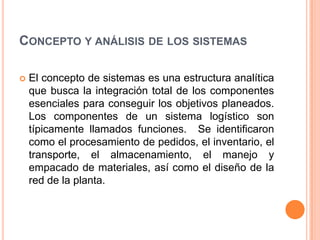 Concepto y análisis de los sistemasEl concepto de sistemas es una estructura analítica que busca la integración total de los componentes esenciales para conseguir los objetivos planeados.  Los componentes de un sistema logístico son típicamente llamados funciones.  Se identificaron como el procesamiento de pedidos, el inventario, el transporte, el almacenamiento, el manejo y empacado de materiales, así como el diseño de la red de la planta.