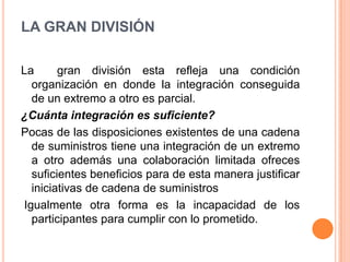 LA GRAN DIVISIÓNLa  gran división esta refleja una condición organización en donde la integración conseguida de un extremo a otro es parcial. ¿Cuánta integración es suficiente?Pocas de las disposiciones existentes de una cadena de suministros tiene una integración de un extremo a otro además una colaboración limitada ofreces suficientes beneficios para de esta manera justificar iniciativas de cadena de suministros  Igualmente otra forma es la incapacidad de los participantes para cumplir con lo prometido.