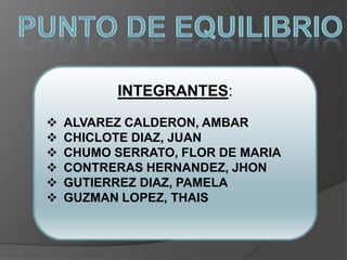INTEGRANTES:
   ALVAREZ CALDERON, AMBAR
   CHICLOTE DIAZ, JUAN
   CHUMO SERRATO, FLOR DE MARIA
   CONTRERAS HERNANDEZ, JHON
   GUTIERREZ DIAZ, PAMELA
   GUZMAN LOPEZ, THAIS
 