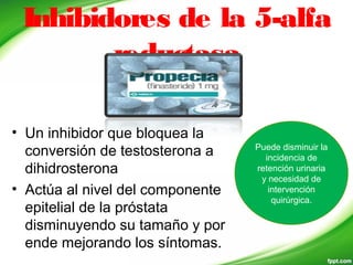 Inhibidores de la 5-alfa
reductasa
• Un inhibidor que bloquea la
conversión de testosterona a
dihidrosterona
• Actúa al nivel del componente
epitelial de la próstata
disminuyendo su tamaño y por
ende mejorando los síntomas.
Puede disminuir la
incidencia de
retención urinaria
y necesidad de
intervención
quirúrgica.
 