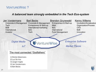 21
VENTUREWISE ?
A balanced team strongly embedded in the Tech Eco-system
Jan Vorstermans
Corporate & Management
Tech
B2B
International
Investor
Brendon Grunewald
Entrepreneur & Start-up
M&A
B2C
International
Fund Management
Bart Becks
Corporate & Management
Entrepreneur & Start-up
International marketing
B2C
Tech
Kenny Willems
Incubation/Acceleration
Organization/Process
CFO
B2B
Innovation
Digital Media
IoT
Enterprise Software
Market Places
The most connected “Godfathers”
 