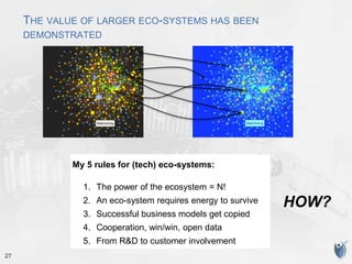 27
THE VALUE OF LARGER ECO-SYSTEMS HAS BEEN
DEMONSTRATED
HOW?
The Rules from FastCompany
#1 Don't Be a Chihuahua
#2 Don't try to take more than your fair
share of the pie
#3 If you're invited to a wedding, don't
outshine the bride or groom
#4 Don't Be a Two-Timer
#5 Give to Get
#6 Be like Fonzie
#7 Don't be a douche bag
My 5 rules for (tech) eco-systems:
1. The power of the ecosystem = N!
2. An eco-system requires energy to survive
3. Successful business models get copied
4. Cooperation, win/win, open data
5. From R&D to customer involvement
 