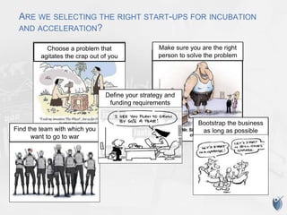ARE WE SELECTING THE RIGHT START-UPS FOR INCUBATION
AND ACCELERATION?
Choose a problem that
agitates the crap out of you
Make sure you are the right
person to solve the problem
Find the team with which you
want to go to war
Define your strategy and
funding requirements
Bootstrap the business
as long as possible
 