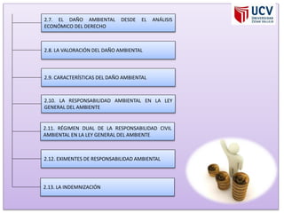 2.9. CARACTERÍSTICAS DEL DAÑO AMBIENTAL
2.8. LA VALORACIÓN DEL DAÑO AMBIENTAL
2.7. EL DAÑO AMBIENTAL DESDE EL ANÁLISIS
ECONÓMICO DEL DERECHO
2.10. LA RESPONSABILIDAD AMBIENTAL EN LA LEY
GENERAL DEL AMBIENTE
2.11. RÉGIMEN DUAL DE LA RESPONSABILIDAD CIVIL
AMBIENTAL EN LA LEY GENERAL DEL AMBIENTE
2.12. EXIMENTES DE RESPONSABILIDAD AMBIENTAL
2.13. LA INDEMNIZACIÓN
 