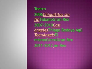 Teatro
2006Chiquititas sin
finTábanoGran Rex
2007-2010Casi
ángelesThiago Bedoya Agü
TeenAngelsÉl
mismoGreroGran Rex
2011-2012 an Rex
 