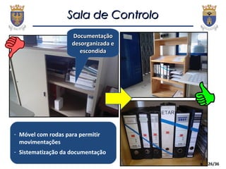 26/36
Sala de ControloSala de Controlo
DocumentaçãoDocumentação
desorganizada edesorganizada e
escondidaescondida
- Móvel com rodas para permitir
movimentações
- Sistematização da documentação
 