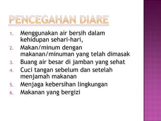 Menggunakan air bersih dalam kehidupan sehari-hari, Makan/minum dengan makanan/minuman yang telah dimasak Buang air besar di jamban yang sehat Cuci tangan sebelum dan setelah menjamah makanan Menjaga kebersihan lingkungan Makanan yang bergizi 