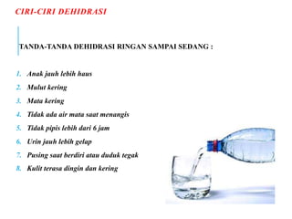 CIRI-CIRI DEHIDRASI
TANDA-TANDA DEHIDRASI RINGAN SAMPAI SEDANG :
1. Anak jauh lebih haus
2. Mulut kering
3. Mata kering
4. Tidak ada air mata saat menangis
5. Tidak pipis lebih dari 6 jam
6. Urin jauh lebih gelap
7. Pusing saat berdiri atau duduk tegak
8. Kulit terasa dingin dan kering
 