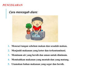 PENCEGAHAN
Cara mencegah diare:
1. Mencuci tangan sebelum makan dan sesudah makan.
2. Menjauhi makanan yang kotor dan terkontaminasi.
3. Meminum air yang bersih dan aman untuk diminum.
4. Memisahkan makanan yang mentah dan yang matang.
5. Utamakan bahan makanan yang segar dan bersih.
 