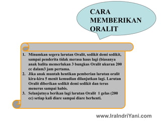 CARA
MEMBERIKAN
ORALIT
1. Minumkan segera larutan Oralit, sedikit demi sedikit,
sampai penderita tidak merasa haus lagi (biasanya
anak balita memerlukan 3 bungkus Oralit ukuran 200
cc dalam3 jam pertama.
2. Jika anak muntah hentikan pemberian larutan oralit
kira-kira 5 menit kemudian dilanjutkan lagi. Larutan
Oralit diberikan sedikit demi sedikit dan terus
menerus sampai habis.
3. Selanjutnya berikan lagi larutan Oralit 1 gelas (200
cc) setiap kali diare sampai diare berhenti.
www.IraIndriYani.com
 
