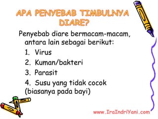 Penyebab diare bermacam-macam,
antara lain sebagai berikut:
1. Virus
2. Kuman/bakteri
3. Parasit
4. Susu yang tidak cocok
(biasanya pada bayi)
www.IraIndriYani.com
 