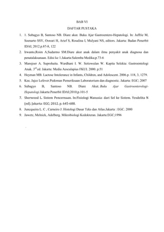 BAB VI
                                   DAFTAR PUSTAKA
1. 1. Subagyo B, Santoso NB. Diare akut. Buku Ajar Gastroentero-Hepatologi. In: Juffrie M,
   Soenarto SSY, Oswari H, Arief S, Rosalina I, Mulyani NS, editors. Jakarta: Badan Penerbit
   IDAI; 2012.p.87-8, 122
2. Irwanto,Roim A,Sudarmo SM.Diare akut anak dalam ilmu penyakit anak diagnosa dan
   penatalaksanaan. Edisi ke 1.Jakarta:Salemba Medika;p.73-6
3. Mansjoer A. Suprohaita. Wardhani I. W. Setiowulan W. Kapita Selekta: Gastroentologi
   Anak. 3rd ed. Jakarta: Media Aesculapius FKUI. 2000. p.51
4. Heyman MB. Lactose Intolerance in Infants, Children, and Adolescent. 2006.p. 118, 3, 1279.
5. Kee, Jajce Lefever.Pedoman Pemeriksaan Laboratorium dan diagnostic. Jakarta: EGC; 2007
6. Subagyo      B,     Santoso     NB.      Diare    Akut. Buku     Ajar     Gastroenterologi-
   Hepatologi.Jakarta:Penerbit IDAI;2010;p.101-5
7. Sherwood L. Sistem Pencernaan. In:Fisiologi Manusia: dari Sel ke Sistem. Yesdelita N
   (ed). Jakarta: EGC; 2012. p. 645-688.
8. Juncqueira L. C , Carneiro J. Histologi Dasar Teks dan Atlas.Jakarta : EGC. 2000
9. Jawetz, Melnick, Adelberg. Mikrobiologi Kedokteran. Jakarta:EGC;1996


    .
 