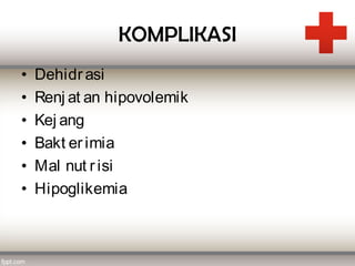 KOMPLIKASI
•   Dehidr asi
•   Renj at an hipovolemik
•   Kej ang
•   Bakt er imia
•   Mal nut r isi
•   Hipoglikemia
 