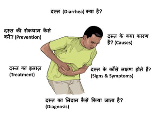 दस्त (Diarrhea) क्या है?
दस्त के क्या कारण
है? (Causes)
दस्त के कौँसे लक्षण होते है?
(Signs & Symptoms)
दस्त का निदाि कै से ककया जाता है?
(Diagnosis)
दस्त की रोकथाम कै से
करें? (Prevention)
दस्त का इलाज़
(Treatment)
 