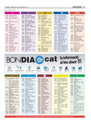 DIMECRES 5 D’oCtubRE DE 2011                                                                                                                 televIsIÓ 15
PROGRAMACIÓ


06.00	 Noticias	24	horas.            06.00	 TVE	es	música.		             06.00	   Notícies	3/24.              06.00	    Videoclips	catalans         06.35	 Los	 cazadores	 de	 mi-
06.30	 Telediario	matinal.           07.00	 Conciertos	de	Radio-3.       08.00	   Els	matins.                 06.10	    Documentals	natura.                 tos.
                                     07.30	 Grandes	 documenta-          13.20	   El	gran	dictat.                                                   08.15	 Top	gear.
09.00	 Los	    desayunos	    de	                                                                              10.00	    D’aquíd’allà.	(ST)
                                            les.                         14.00	   Telenotícies	     comar-                                          10.15	 Alerta	Cobra.	(ST)
       TVE.	                         09.30	 Aquí	hay	trabajo.                     ques.	                      11.00	    Sense	ficció.	(ST)
                                                                                                                                                    	       Miedo en la ciudad.
10.15	 La	 mañana	 de	 La	 1.	       10.00	 La	aventura	del	saber.       14.20	   El	medi	ambient.	(ST)       12.00	    Nydia.
                                                                                                                                                            Gestión de cobros.
       (ST)                          11.00	 E+I,	 emprendedores	         	        Tritó del Montseny: estat   12.30	    City	Folk.                  12.30	 Las	 mañanas	 de	 Cua-
                                            innovadores.                          de la qüestió.              13.00	    Expedicions	 al	 regne	
14.00	 L’informatiu.	                                                                                                                                       tro.
                                     11.30	 Mundos	de	agua.              14.30	   Telenotícies	 migdia.	
14.30	 Corazón.                                                                                                         animal.	(ST)                14.00	 Noticias	Cuatro.	(ST)
                                     12.00	 Grandes	 documenta-                   (ST)
15.00	 Telediario	1.	(ST)                   les.                         15.40	   Cuines.                     13.45	    Documentals	natura.         14.50	 Deportes	Cuatro.	(ST)
                                     13.00	 Para	todos	La	2.             15.50	   La	Riera.	(ST)	(N)          15.50	    El	geni	de	Charles	Dar-     15.50	 No	 le	 digas	 a	 mamá	
16.05	 El	tiempo.	(ST)
                                     14.40	 Documentals	 cultu-          16.40	   Divendres.	(ST)                       win.	(ST)                           que	trabajo	en	la	tele.
16.15	 Amar	 en	 tiempos	 re-                                                                                                                       17.10	 NCIS:	Los	Ángeles.
                                            rals.                        18.30	   Julie	Lescaut.	(ST)         16.40	    Tresors	del	món.	(ST)
       vueltos.	(ST)                 15.30	 Saber	y	ganar.	(ST)          20.15	   Esport	club.	(ST)                                                 	       Fajador.
                                                                                                              17.00	    Blog	Europa.	(ST)
17.05	 La	fuerza	del	destino.        16.00	 Grandes	 documenta-          20.35	   Espai	terra.	(ST)                                                         Fama.
                                            les.                         21.00	   Telenotícies	 vespre.	      17.40	    Valor	afegit.	(ST)          19.00	 ¡Allá	tú!
17.35	 Eva	Luna.	(ST)
                                     17.55	 Documentals.                          (ST)                        18.20	    Via	llibre.	(ST)            20.00	 Noticias	Cuatro.	(ST)
18.20	 Amar	de	nuevo.	(ST)
                                     19.00	 Bubbles.                     21.50	   Sense	ficció.	(ST)          18.50	    Singulars.	(ST)             20.45	 Deportes	Cuatro.	
19.00	 +Gente.	(ST)                  19.30	 Para	todos	La	2.             	        Balls robats.               19.35	    Comarques.doc.	(ST)         21.30		 Frank	de	la	jungla.
21.00	 Telediario	2                  20.00	 L’informatiu.                23.05	   Pel·lícula.	                                                      22.30	 Granjero	 busca	 espo-
                                                                                                              20.00	    D’aquíd’allà.	(ST)
22.05	 El	tiempo                     20.30	 Gent	de	paraula.             	        El sergent de ferro.	Amb	
                                                                                                              21.00		   La	Riera.	(ST)	(N)                  sa.
                                     21.00	 Documentals	 cultu-                   Clint Eastwood, Everett
22.15	 Comando	actualidad.                                                                                    21.45	    Quèquicom.                  00.15	 Cine	Cuatro.
                                            rals.                                 McGill i Marsha Ma-
	      Zona noble.                   22.00	 El	cine	de	La	2.                      son.                                                              	       Obsesión.	 Amb	 Josh	
                                                                                                              22.40	    Bestiari	il·lustrat.	(ST)
00.15	 59	segundos.                  	      Frenesí en la gran ciudad.   01.20	   Les	germanes	McLeod.	                                                     Hartnett, Rose Byrne i
                                                                                                              23.05	    Generació	digital.	(ST)             Matthew Lillard.
01.45	 La	noche	en	24h.              00.00	 La	2	noticias.                        (ST)
                                                                                                              23.30	    Una	altra	mirada.	(ST)      02.30	 Cuatro	astros.
                                     00.30	 Crónicas.                    02.00	   Ventdelplà.	(ST)
03.15	 TVE	es	música.                01.15	 Documentals	 cultu-          02.50	   Jazz	a	l’estudi.            00.30	    Lonely	 planet:	 rutes	     05.45	 Shopping
04.00	 Noticias	24h.                        rals.                        05.00	   Divendres.	(ST)                       per	descobrir.	(ST)         06.15	 Puro	cuatro.




    BONDIA                                                                               cat                                 la informació
                                                                                                                             al teu abast !!!
                                                                                                                             23
                        Apunts d’Or




06.30	 Informativos	 Telecin-        06.15	 Noticias	de	la	mañana.       07.00	   Cafeïna.                    07.00	 laSexta	en	concierto.          06.55	   8	de	8.
       co.                           09.00	 Espejo	público.              08.00	   Club	Banyetes.              08.10	 Este	es	mi	barrio.	(ST)        07.25	   Catalunya	blues.
	      Amb	 Concha	 García	          12.00	 Karlos	 Arguiñano	 en	       08.15	   Notícies	vespre.            09.05	 Crímenes	 imperfectos.	        07.55	   Passaport.
       Campoy i Leticia Igle-                                            09.00	   Lleida	al	dia.                     (ST)
       sias. Convidat: Alfredo              tu	cocina.                                                                                              08.20	   Ladrones	 de	 identi-
                                                                         10.30	   Televenda.                  10.30	 Crímenes	 imperfectos:	
       Pérez Rubalcaba, can-         12.30	 La	ruleta	de	la	suerte.	     11.00	   Fins	diumenge.                                                             dad.
                                                                                                                     historias	 criminales.	
       didat del PSOE a la pre-      14.00	 Los	Simpson.	(ST)            11.30	   Cafeïna.                                                          09.00	   Televenda.
                                                                                                                     (ST)
       sidència del Govern.          	      Casarse tiene algo.          12.30	   TeleMonegal.                                                      11.05	   Resum	8	al	dia.
09.00	 El	 programa	 de	 Ana	                                                                                 11.25	 Crímenes	 imperfectos,	
                                            La ayudita del hermano.      13.45	   Avui	mercat.                       ricos	y	famosos.               12.30	   Inspector	Wolff.
       Rosa.
                                     15.00	 Antena	3	Noticias	1.         14.00	   Notícies	migdia.            12.25	 Al	rojo	vivo.                  13.25	   Arucitys.
       Presentat per Ana Rosa
       Quintana.                                                         14.45	   Al	ras.                     13.55	 laSexta/noticias.	(ST)
                                     15.40	 Deportes.                                                                                               15.30	   Ley	y	orden.
12.45	 Mujeres	 y	 hombres	 y	                                           15.00	   Cafeïna.                    15.00	 laSexta	deportes.
                                     16.00	 Tu	tiempo	con	Roberto	       16.00	   Notícies	migdia.                                                  16.20	   S’ha	escrit	un	crim.	
       viceversa.                                                                                             15.15	 laSexta	meteo.
                                            Brasero.                     16.50	   El	debat	del	Lleida	ac-                                           19.00	   8	al	dia.	
14.30	 De	buena	ley.                                                                                          15.30	 Mucho	 que	 perder	
15.00	 Informativos	 Telecin-        16.15	 Bandolera.	(ST)                       tiva.                                                             22.00	   Gran	cinema.
                                                                                                                     poco	que	ganar.
       co.	(ST)                      17.15	 El	 secreto	 de	 Puente	     17.30	   L’última	troballa.                                                	        La intérprete. Amb Nico-
                                                                                                              16.30	 Navy:	 investigación	
15.45	 Sálvame	diario.                      Viejo.	(ST)	                 18.00	   Diari	de	la	música.                                                        le Kidman, Sean Penn,
       Amb Jorge Javier Váz-                                                                                         criminal.
                                     18.30	 Ahora	caigo.                 18.30	   Club	Banyetes.
                                                                                                              19.30	 laSexta	noticias.	(ST)                  Catherine Keener, Sid-
       quez.                                                             18.45	   Tastafruita.
20.00	 Pasapalabra.                  19.45	 Atrapa	un	millón.	(ST)                                            21.00	 laSexta	deportes.                       ney Pollack.
                                                                         19.00	   Natura’t.
20.55	 Informativos	 Telecin-        21.00	 Antena	3	Noticias	2.         19.30	   Evolució.                   21.30	 El	intermedio.                 00.15	   Sèrie.
       co.                           21.35	 Deportes.                    20.00	   Notícies	vespre.            22.25	 Cinema.                        	        África, mon amour. (Pri-
21.45	 Vuélveme	 loca	 esta	         21.45	 El	hormiguero	3.0.           20.45	   El	temps.                   	      Reacción en cadena. Amb	                mera part). Sèrie pro-
       noche.                                                                                                        Keanu Reeves, Mor-
                                     22.30	 Tu	cara	me	suena.            20.50	   Tocats	de	l’hort.                                                          tagonitzada per Iris
22.30	 Tierra	de	lobos.                                                                                              gan Freeman, Rachel
                                            Amb Manel Fuentes.           21.00	   Banda	sonora.
	      Pueblo tomado.	                                                                                                                                       Berben, Robert Atzorn,
                                                                         21.30	   Lleida	al	dia.                     Weisz.
00.00	 Enemigos	íntimos.             01.00	 Foto	de	familia.                                                                                                 Matthias Habich, Bet-
	      Amb Santi Acosta.                                                 23.00	   Notícies	vespre.            00.30	 Cinema.
                                     02.00	 Estrellas	en	juego.          23.45	   Yemaya.                     	      Operación dragón.                       tina Zimmermann, Pi-
02.30	 Locos	por	ganar.
04.00	 Infocomerciales.              03.15	 Repetició	 de	 progra-       00.00	   Cafeïna.                    02.30	 Astro	TV.                               erre Besson.
05.00	 Fusión	sonora.	                      mes.                         01.00	   Telelínea.                  06.00	 Teletienda.                    02.00	   Clips.	


                         (E) Estéreo // (D) Dual // (VOS) Versió original subtitulada // (ST) Subtítol al Teletext // (N) Comentaris per invidents
 