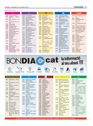 divendres 7 d’octubre de 2011                                                                                                              televIsIÓ 15
PROGRAMACIÓ


06.00	 Noticias	24	horas.           06.00	   TVE	es	música.		           06.00	   Notícies	3/24.              06.00	 Videoclips	catalans           06.35	 Los	 cazadores	 de	 mi-
06.30	 Telediario	     matinal.	    07.00	   Conciertos	de	Radio-3.     08.00	   Els	matins.                 06.10	 Documentals	 natura.	                 tos.
       (ST)                         07.30	   Documentals.               13.20	   El	gran	dictat.	(ST)               (ST)                          08.15	 Top	gear.
09.00	 Los	 desayunos	 de	                                                                                   10.00	 D’aquíd’allà.	(ST)            10.15	 Alerta	Cobra.	(ST)
                                    09.30	   Aquí	hay	trabajo.	         14.00	   Telenotícies	     comar-
       TVE.                                                                                                  11.00	 El	documental.	(ST)           	       Ruina total.
                                    10.00	   UNED.                               ques.	                      	      Soneros del Tesechoacán.
10.15	 La	 mañana	 de	 La	 1.	                                                                                                                            Exodus.
       (ST)                         11.00	   Pueblo	de	Dios.            14.20	   El	medi	ambient.	(ST)       11.55	 Sputnik.	(ST)
                                    11.30	   Mundos	de	agua.            14.30	   Telenotícies	 migdia.	      13.00	 Documentals	 natura.	         12.30	 Las	 mañanas	 de	 Cua-
14.00	 L’informatiu.	
                                    12.00	   Grandes	 documenta-                 (ST)                               (ST)                                  tro.
14.30	 Corazón.	(ST)
15.00	 Telediario	1.	(ST)                    les.                       15.40	   Cuines.	(ST)                15.00	 Cases	      ecològiques.	     14.00	 Noticias	Cuatro.	(ST)
16.05	 El	tiempo.	(ST)              13.00	   Para	todos	La	2.           15.50	   La	Riera.	(ST)	(N)                 (ST)                          14.50	 Deportes	Cuatro.	(ST)
16.15	 Amar	 en	 tiempos	 re-                                                                                15.25	 Planeta	furiós.	(ST)          15.50	 No	 le	 digas	 a	 mamá	
                                    14.35	   Descubriendo	 el	 com-     16.40	   Divendres.	(ST)
       vueltos.	(ST)                                                                                         15.50	 El	planeta	indòmit.                   que	trabajo	en	la	tele.
                                             portamiento	animal.        18.30	   Julie	Lescaut.	(ST)         16.35	 Tresors	del	món.
17.05	 La	fuerza	del	destino.                                                                                                                     17.10	 NCIS:	Los	Ángeles.
                                    14.40	   Documentals.               20.15	   Esport	Club.	(ST)           17.00	 Quèquicom.
17.35	 Eva	Luna.	(ST)                                                                                                                             	       Al descubierto.
                                    15.30	   Saber	y	ganar.	(ST)        20.35	   Espai	Terra.	(ST)           17.50	 Com	funcionen	les	co-
18.15	 Amar	de	nuevo.	(ST)                                                                                                                                Callen.
                                    16.00	   Documentals.               21.00	   Telenotícies	 vespre.	             ses.	(ST)
19.00	 +Gente.	(ST)                                                                                                                               19.00	 ¡Allá	tú!
                                    18.25	   El	escarabajo	verde.                (ST)                        18.40	 Cròniques	salvatges.
21.00	 Telediario	2.                                                                                                                              20.00	 Noticias	Cuatro.	(ST)
                                    18.55	   Biodiario.                 21.50	   Zona	zàping.                19.35	 Catalunya	salvatge.
22.05	 El	tiempo.                                                                                                                                 20.45	 Deportes	Cuatro.	
                                                                                                             19.35	 Comarques.doc.	(ST)
22.15	 Cinema.                      19.00	   En	movimiento.             22.15	   La	gran	pel·lícula.	(ST)	                                        21.30		 Supernanny.
                                                                                                             20.00	 D’aquíd’allà.
	      Bangkok dangerous.           19.30	   Sólo	moda.                          (N)                         20.25	 Sarah	Wiener’s...	(ST)        22.30	 El	campamento.
23.45	 Cinema.                      20.00	   L’informatiu.              	        Hancock. Amb	 Will	         21.00	 La	Riera.	(ST)	(N)            23.45	 Callejeros.	
	      Alarma nuclear.              20.30	   Moments.                            Smith,	 Charlize	 The-      21.40	 GR	Pirineus.	(ST)
01.30	 Ley	y	orden:	acción	cri-                                                                                                                   	       Desahucios.
                                    21.00	   Archivos	tema.                      ron,	 Jason	 Bateman,	      22.10	 Thalassa.	(ST)                00.30	 Conexión	Samanta.
       minal.                                                                                                22.55	 Millennium.	(ST)
                                    22.00	   La	 suerte	 en	 tus	 ma-            Daeg	Faerch.                                                             Boda gitana.
02.10	 La	noche	en	24h.                                                                                      23.55	 El	documental.	(ST)
03.40	 TVE	es	música.                        nos.                       23.55	   Pel·lícula.	(ST)                                                         Farruquito.
                                                                                                             	      Una llengua que camina.
04.30	 Noticias	24h.                22.15	   Buscamundos.               	        Underworld: la revolta                                           02.30	 Dexter.
                                                                                                             00.55	 Els	 colors	 del	 Pirineu.	
05.50	 Motociclisme.	 Cam-          23.15	   La	2	noticias.                      dels licàntrops.                   (ST)                          04.15	 Cuatro	astros.
       pionat	 del	 Món.	 Gran	     23.35	   Entre	dos	aguas.           01.45	   Ventdelplà.	(ST)            01.45	 Explorant	 els	 deserts.	     06.00	 Shopping
       Premi	del	Japó.              00.05	   Somos	cortos.              02.30	   Jazz	a	l’estudi.                   (ST)                          06.30	 Puro	cuatro.




 BONDIA                                                                                 cat                                la informació
                                                                                                                           al teu abast !!!
                                                                                                                          23
                      Apunts d’Or




06.30	 Informativos	 Telecin-       06.15	 Noticias	de	la	mañana.       07.00	   Cafeïna.                    07.00	 laSexta	en	concierto.         06.55	   8	de	8.
       co.                          09.00	 Espejo	público.              07.50	   Tastafruita.                08.10	 Este	es	mi	barrio.	(ST)       07.25	   Catalunya	blues.
                                    12.00	 Karlos	 Arguiñano	 en	       08.00	   Club	Banyetes.                                                   07.55	   Passaport.
09.00	 El	 programa	 de	 Ana	                                                                                09.05	 Crímenes	 imperfectos.	
                                           tu	cocina.                   08.15	   Notícies	vespre.
       Rosa.                                                            	        Redifusió.                         (ST)                          08.15	   Ladrones	 de	 identi-
                                    12.30	 La	ruleta	de	la	suerte.	     09.00	   Lleida	al	dia.              10.30	 Crímenes	 imperfectos:	                dad.
12.45	 Mujeres	 y	 hombres	 y	
                                    14.00	 Los	Simpson.	(ST)            10.30	   Televenda.                                                       	        Sèrie	 protagonitzada	
       viceversa.                                                                                                   historias	 criminales.	
                                    15.00	 Antena	3	Noticias	1.         11.00	   Al	pot	petit.                                                             per	 Michael	 T.	 Weiss,	
14.30	 De	buena	ley.                                                                                                (ST)
                                    15.40	 Deportes.                    11.30	   Cafeïna.                                                                  Andrea	 Parker,	 Patrick	
15.00	 Informativos	 Telecin-                                           12.30	   Bad	music.                  11.25	 Crímenes	 imperfectos:	
                                    16.00	 Tu	tiempo	con	Roberto	                                                                                          Bauchau,	 Jon	 Gries,	
       co.	(ST)                            Brasero.                     13.00	   Freaky.                            ricos	y	famosos.	(ST)
                                                                        13.15	   Al	ras.                     12.25	 Al	rojo	vivo.                          Ryan	 Merriman,	 Har-
15.45	 Sálvame	diario.              16.15	 Bandolera.	(ST)
                                                                        13.30	   Fins	diumenge.              	      Espai	 d’actualitat	 pre-              ve	 Pressnell,	 Pamela	
20.00	 Previ	 classificació	 Eu-    17.15	 El	 secreto	 de	 Puente	     14.00	   Notícies	migdia.                                                          Gidley.
       rocopa	2012.                        Viejo.	(ST)	                 14.45	   Avui	mercat.                       sentat	 per	 Antonio	 G.	
                                                                                                                                                  09.00	   Televenda.
20.45	 Classificació	 Eurocopa	     18.30	 Ahora	caigo.                 15.00	   Cafeïna.                           Ferreras.
                                                                                                                                                  11.00	   Resum	8	al	dia.
       2012.                        19.45	 Atrapa	un	millón.	(ST)       16.00	   Notícies	migdia.            13.55	 laSexta/noticias.	(ST)
                                                                        16.45	   Mirades.                                                         12.30	   Inspector	Wolff.
	      República	 Txeca-Espa-       21.00	 Antena	3	Noticias	2.                                              15.25	 Mucho	 que	 perder	
                                    21.40	 Deportes.                    17.00	   Univers.                                                         13.25	   Arucitys.
       nya.                                                             17.30	   Gaudeix	la	festa.                  poco	que	ganar.
                                    21.45	 El	tiempo.                                                                                             15.30	   Ley	y	orden.
22.30	 Sálvame	de	luxe.                                                 18.00	   Temporada	alta.             16.30	 Navy:	 investigación	
                                    22.00	 Atrapa	un	millón.                                                                                      16.25	   S’ha	escrit	un	crim.	
02.30	 Locos	por	ganar.                                                 18.30	   Club	Banyetes.                     criminal.
                                    00.15	 Equipo	 de	 investiga-                                                                                 19.00	   8	al	dia.
03.30	 Más	que	coches.                                                  18.45	   Tastafruita.                19.45	 laSexta	noticias.	(ST)
                                           ción.                        19.00	   Musiquem	Lleida.                                                 22.00	   Sessió	XL.
04.00	 En	concierto.                                                    20.00	   Notícies	vespre.            20.50	 laSexta	meteo.                	        El imperio del tigre.	Amb	
                                    	      El negocio de los desahu-
04.30	 Infocomerciales.                                                 20.40	   El	temps.                   21.00	 ¿Quién	vive	ahí?                       Bernard	     Giraudeau,	
                                           cios.
05.30	 Fusión	sonora.                      Pelopincho.                  20.45	   Furgoaddictes.              21.30	 Navy:	 investigación	                  Nadie	 Farès,	 Thierry	
NOTA:	 Aquesta	 programació	                                            21.00	   Socarrats.                         criminal.	(ST)
                                    02.15	 Adivina	 quien	 gana	                                                                                           Frémont,	         Evelyne	
                                                                        21.30	   Lleida	al	dia.
       pot	 sofrir	 canvis	 en	            esta	noche.                                                       00.55	 Escudo	humano.                         Bouix,	 Serge	 Riabouki-
                                                                        23.00	   Notícies	vespre.
       funció	 del	 partit	 de	     05.00	 Repetició	 de	 progra-       23.45	   Yemaya.                     02.35	 Astro	TV.                              ne,	Melanie	Bernier.
       futbol.	                            mes.                         00.00	   Cafeïna.                    06.00	 Teletienda.                   01.30	   Clips.	


                        (E) Estéreo // (D) Dual // (VOS) Versió original subtitulada // (ST) Subtítol al Teletext // (N) Comentaris per invidents
 
