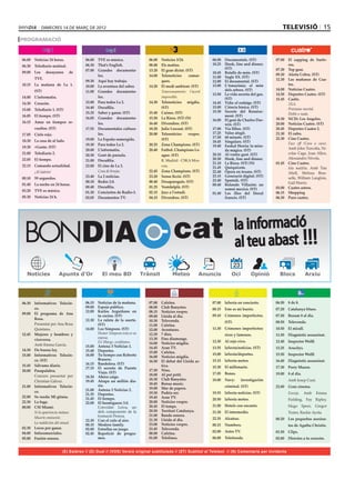 dimecres 14 de març de 2012                                                                                                          televisió 15
PROGRAMACIÓ


06.00	 Noticias 24 horas.            06.00	 TVE es música.             06.00	   Notícies 3/24.             06.00	 Documentals. (ST)           07.00	 El zapping de Surfe-
06.30	 Telediario matinal.           06.30	 That’s English.            08.00	   Els matins.                10.25	 Hook, line and dinner.              ros.
                                                                                                                  (ST)                        07.30	 Top gear.
09.00	 Los    desayunos      de      07.00	 Grandes documenta-         13.20	   El gran dictat. (ST)
                                                                                                           10.45	 Retalls de món. (ST)        09.30	 Alerta Cobra. (ST)
                                            les.                       14.00	   Telenotícies      comar-   11.00	 Segle XX. (ST)
       TVE.                                                                                                                                   12.30	 Las mañanas de Cua-
                                     09.30	 Aquí hay trabajo.                   ques.                      12.00	 El documental. (ST)
10.15	 La mañana de La 1.            10.00	 La aventura del saber.     14.20	   El medi ambient. (ST)      13.00	 L’Amazònia: el món                  tro.
       (ST)                                                                                                       dels arbres. (ST)           14.00	 Noticias Cuatro.
                                     11.00	 Grandes documenta-         	        Transvasaments: l’acord
                                                                                                           13.50	 La vida secreta del gos.    14.50	 Deportes Cuatro. (ST)
14.00	 L’informatiu.                        les.                                impossible.                       (ST)                        15.45	 Castle.
14.30	 Corazón.                      12.00	 Para todos La 2.           14.30	   Telenotícies migdia.       14.45	 Vida: el rodatge. (ST)      	       3XA.
                                     14.40	 Docufilia.                          (ST)                       15.00	 Ciència bàsica. (ST)        	       Préstamo mortal.
15.00	 Telediario 1. (ST)                                                                                  15.30	 Secrets del Renaixe-
                                     15.35	 Saber y ganar. (ST)        15.40	   Cuines. (ST)                                                  	       Doble o nada.
16.05	 El tiempo. (ST)                                                                                            ment. (ST)
                                     16.05	 Grandes documenta-         15.50	   La Riera. (ST) (N)                                            18.30	 NCIS: Los Angeles.
                                                                                                           16.00	 El geni de Charles Dar-
16.15	 Amar en tiempos re-                  les.                       16.40	   Divendres. (ST)                                               20.00	 Noticias Cuatro. (ST)
                                                                                                                  win. (ST)
       vueltos. (ST)                 17.55	 Documentales cultura-      18.20	   Julie Lescaut. (ST)        17.00	 Via llibre. (ST)            20.45	 Deportes Cuatro 2.
17.05	 Cielo rojo.                          les.                       20.00	   Telenotícies     vespre.   17.25	 Valor afegit.               21.30 	 El cubo.
                                                                                                           17.50	 60 minuts. (ST)             22.30	 Cine Cuatro.
18.30	 La casa de al lado.           19.00	 La España sumergida.                (ST)
                                                                                                           18.45	 Singulars. (ST)             	       Face off (Cara a cara).
                                     19.30	 Para todos La 2.           20.25	   Zona Champions. (ST)       19.40	 Euskal Herria: la mira-
19.30	 +Gente. (ST)                                                                                                                                   Amb John Travolta, Ni-
                                     20.00	 L’informatiu.              20.40	   Futbol. Champions Le-             da màgica. (ST)
21.00	 Telediario 2.                 20.30	 Gent de paraula.                    ague. (ST)                 20.10	 Al vostre gust. (ST)                colas Cage, Joan Allen,
22.05	 El tiempo.                                                                                          20.30	 Hook, line and dinner.              Alessandro Nivola.
                                     21.00	 Docufilia.                 	        R. Madrid - CSKA Mos-
                                                                                                           21.10	 La Riera. (ST) (N)          01.45	 Cine Cuatro.
22.15	 Comando actualidad.           22.00	 El cine de La 2.                    cou.                       21.45	 Quèquicom.                  	       Isla maldita. Amb Tim
	      ¡Al ladrón!                   	      Cosa de brujas.            22.45	   Zona Champions. (ST)       22.40	 Òpera en texans. (ST)               Abell, Melissa Bras-
                                     23.40	 La 2 noticias.             23.20	   Sense ficció. (ST)         23.15	 Generació digital. (ST)             selle, William Langlois,
00.10	 59 segundos.
                                     00.10	 Redes 2.0.                 00.40	   Desapareguts. (ST)         23.40	 Sputnik. (ST)
01.40	 La noche en 24 horas.                                                                               00.40	 Rolando Villazón: un                Gail Harris.
                                     00.40	 Docufilia.                 01.25	   Ventdelplà. (ST)                                              03.00	 Cuatro astros.
03.20	 TVE es música.                                                                                             somni mexicà. (ST)
                                     01.30	 Conciertos de Radio-3.     02.15	   Jazz a l’estudi.           01.40	 Les illes del litoral       06.15	 Shopping
05.30	 Noticias 24 h.                02.05	 Documentos TV.             04.15	   Divendres. (ST)                   francès. (ST)               06.30	 Puro cuatro.




    BONDIA                                                                             cat                               la informació
                                                                                                                         al teu abast !!!
                                                                                                                         23
                        Apunts d’Or




06.30	 Informativos Telecin-         06.15	 Noticias de la mañana.     07.00	   Cafeïna.                   07.00	 laSexta en concierto.       06.50	 8 de 8.
       co.                           09.00	 Espejo público.            08.00	   Club Banyetes.             08.15	 Este es mi barrio.          07.20	 Catalunya blues.
                                     12.00	 Karlos Arguiñano en        08.15	   Notícies vespre.
09.00	 El programa de Ana
                                            tu cocina. (ST)            09.00	   Lleida al dia.             09.10	 Crímenes imperfectos.       07.50	 Resum 8 al dia.
       Rosa.                         12.30	 La ruleta de la suerte.    10.30	   Televenda.                        (ST)                        08.50	 Televenda.
	      Presentat per Ana Rosa               (ST)                       11.00	   Cafeïna.
       Quintana.                     14.00	 Los Simpson. (ST)          12.00	   Aventures.                 11.30	 Crímenes imperfectos:       10.50	 El mirall.
12.45	 Mujeres y hombres y           	      Homer Simpson esta es su   12.30	   7 dies.                           ricos y famosos.            11.50	 Diagnòstic assassinat.
                                            esposa.                    13.30	   Fins diumenge.
       viceversa.                                                                                          12.30	 Al rojo vivo.               12.40	 Inspector Wolff.
                                     	      En Marge, confíamos.       14.00	   Notícies migdia.
	      Amb Emma García.              15.00	 Antena 3 Noticias 1.       14.45	   Aran TV.                   13.55	 laSexta/noticias. (ST)      13.25	 Arucitys.
14.30	 De buena ley.                 15.40	 Deportes.                  15.00	   Cafeïna.                   15.00	 laSexta/deportes.
15.00	 Informativos Telecin-         16.00	 Tu tiempo con Roberto                                                                             15.50	 Inspector Wolff.
                                                                       16.00	   Notícies migdia.
       co. (ST)                             Brasero.                   16.50	   El debat del Lleida ac-    15.15	 laSexta meteo.              16.40	 Diagnòstic assassinat.
15.45	 Sálvame diario.               16.15	 Bandolera. (ST)
                                                                                tiva.                      15.30	 El millonario.              17.30	 Perry Mason.
                                     17.15	 El secreto de Puente
20.00	 Pasapalabra.                                                    17.30	   Nius.
                                            Viejo. (ST)                                                    17.05	 Bones.                      19.00	 8 al dia.
	      Concurs presentat per                                           18.00	   Al pot petit.
                                     18.30	 Ahora caigo.
       Christian Gálvez.             19.45	 Atrapa un millón dia-      18.30	   Club Banyetes.             18.00	 Navy:       investigación   	      Amb Josep Cuní.
                                            rio.                       18.45	   Bonus music.
21.00	 Informativos Telecin-                                           19.00	   Mar de papers.                    criminal. (ST)              22.00	 Gran cinema.
       co.                           21.00	 Antena 3 Noticias 2.
                                     21.35	 Deportes.                  19.30	   Podria ser.                19.55	 laSexta noticias. (ST)      	      Enveja.     Amb    Emma
22.00	 Se rueda: Mi gitana.          21.45	 El tiempo.                 19.45	   Aran TV.                   20.50	 laSexta meteo.                     Fielding, Fay Ripley,
22.30	 La fuga.                      22.00	 El hormiguero 3.0.         20.00	   Notícies vespre.
00.00	 CSI Miami.                    	      Convidat: Leiva, un        20.45	   El temps.                  21.00	 Hotels con encanto.                Hugo Speer, Gregor
	      Si la apariencia matase.             dels components de la      20.50	   Territori Catalunya.       21.30	 El intermedio.                     Truter, Rackie Ayola.
                                            formació Pereza.           21.00	   Banda sonora.
	      Muerte eminente.                                                                                    22.35	 Alcatraz.                   00.20	 Los pequeños asesina-
                                     22.30	 Con el culo al aire.       21.30	   Lleida al dia.
	      La maldición del ataud.                                         23.00	   Notícies vespre.
                                     00.15	 Modern family.                                                 00.15	 Numbers.                           tos de Agatha Christie.
02.30	 Locos por ganar.              02.00	 Estrellas en juego.        23.45	   Televenda.
04.00	 Infocomerciales.                                                00.00	   Cafeïna.                   02.00	 Astro TV.                   01.50	 Clips.
                                     02.45	 Repetició de progra-
05.00	 Fusión sonora.                       mes.                       01.00	   Telelínea.                 06.00	 Teletienda.                 02.00	 Directos a tu corazón.


                         (E) Estéreo // (D) Dual // (VOS) Versió original subtitulada // (ST) Subtítol al Teletext // (N) Comentaris per invidents
 
