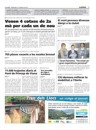 dimecres 11 D’abril DE 2012                                                                                                                    lleida              7
  violència de gènere. La Guàrdia Urbana va                     cauen les vendes de pisos. Les vendes de pisos              robatori. La Guàrdia Urbana va detenir dilluns
  detenir la setmana passada un home per agredir la             van registrar al febrer una caiguda del 30%. En to-         a la nit dos joves per un delicte de robatori amb
  seva dona al carrer Tallada. Es dóna la circumstàn-           tal es van vendre o comprar el febrer 249 habitat-          força. Van ser enxampats robant en un immoble en
  cia que un fill de la dona ho va presenciar.                  ges, pels més de 350 del mateix mes del 2011.               construcció de l’avinguda Miquel Batllori.


 evolució del mercat automobilístic                                                                              temporal

                                                                                                                El vent provoca diversos
Venen 4 cotxes de 2a                                                                                            danys a la ciutat
mà per cada un de nou                                                                                            redacció
                                                                                                                 lleida
                                                                                                                                                   sortides en una hora. La ma-
                                                                                                                                                   joria d’elles van ser petites
                                                                                                                El fort vent i la pluja d’ahir a   intervencions. Així, per exem-
Els concessionaris van vendre 4.239 vehicles d’ocasió entre el                                                  última hora de la tarda van        ple, van haver de treure de
gener i el març, un 11,5% més que el mateix període del 2011                                                    provocar diversos desperfec-       la via alguns arbres caiguts.
                                                                                                                tes a la ciutat de Lleida. Així,   També van actuar preventi-
 redacció                             les 3.800 de l’any passat, segons     al preu mitjà dels cotxes usats
 lleida                                                                                                         per exemple, els Bombers van       vament en antenes, bastides o
                                      dades de la consultora MSI per        a la província, es va situar en
                                                                                                                haver de fer una desena de         teulades.
Les vendes de turismes i tot          a la Federació d’Associacions         els 10.904 euros, la qual cosa
terrenys de segona mà han             de Concessionaris de l’Auto-          suposa una caiguda de l’1,8%
augment un 11,5% a la demar-          moció (Faconauto).                    respecte al mateix període del
cació de Lleida duran el primer          Aquest mercat segueix con-         2011, segons Coches.net. Els         el lleidatà protagonitza un film
trimestre d’aquest any. Així,         trastant respecte al de vehicles      models més oferts al mercat ca-                                                                 paeria

entre gener i març respecte al        nous. Així, en el que va d’any,       talà van ser la Sèrie 3 de BMW,
mateix període s’han venut un         per cada cotxe nou s’han venut        el Volkswagen Golf i el Seat Ibi-
total de 4.239 unitats respecte       quatre de segona mà. Respecte         za.



 de les 1.036 que s’oferiran el curs vinent

705 places vacants a les escoles bressol
 redacció                             finalitzarà el dia 15 de maig. La     d’escola bressol pública, de les
 lleida
                                      ciutat compta actualment amb          quals 671 són per als nous in-
La preinscripció a les escoles
bressol municipals de Lleida
                                      1.036 places públiques, 79 llocs
                                      més que el curs anterior. Del
                                                                            fants que per primera vegada
                                                                            s’incorporen als centres educa-
                                                                                                                  Tonet Ramírez: “Ha estat un
s’inicia el proper dia 24 d’abril i   total, hi ha 705 places vacants       tius.                                 gran experiència personal”
                                                                                                                El CaixaForum acollirà dissabte, a les 18 hores, la projecció de
                                                                                                                la pel·lícula La síndrome Cacareco, protagonitzada pel lleidatà
 la infraestructura compleix dos anys                                          conflicte                        Tonet Ramírez, un jove de l’Associació Down Lleida i que va

11.600 trajectes diaris al                                                    Tres jornades
                                                                                                                dir que “ha estat una gran experiència personal”.

                                                                              de vaga a
Pont de Príncep de Viana                                                      Autobusos                          amb el transport a demanda
                                      portant correspon als vehicles,
                                                                                                                CiU demana millorar la
 redacció                                                                       redacció
 lleida
                                      amb 11.000 desplaçaments.                 lleida

El Pont de Príncep de Viana           D’aquest total, 6.600 vehicles          El comitè d’empresa d’Au-
va celebrar ahir el seu segon         corresponen al trànsit en di-           tobusos de Lleida ha con-         mobilitat a l’Horta
aniversari. Dos anys després,         recció al centre i 4.400, sentit        vocat tres jornades de vaga
aquest eix que enllaça la LL-11       Cappont. A més, es calcula que          que es portaran a terme els        redacció                          L’objectiu és optimitzar el
                                                                                                                 lleida
(antiga carretera N-II) fins a la     600 transeünts l’utilitzen cada         dies 23 d’abril, 14 de maig                                          servei de bus després de l’ex-
plaça Europa està plenament           dia. Pel que fa a les bicicletes,       i 25 de maig, amb aturades        El grup de CiU a la Paeria         periència concreta de la línia
inserit en la xarxa de vies que       la xifra és de 70 diàries. Els tèc-     previstes de 24 hores i que       proposarà que es faci un es-       a demanda de la partida de
connecten el centre de la ciutat      nics municipals preveuen que            afectaran a tota la plantilla.    tudi per analitzar les necessi-    Rufea. CiU es va reunir amb
ja que s’hi realitzen 11.760 tra-     les properes dades d’aforament          Demanen a l’empresa l’in-         tats de mobilitat dels veïns de    els representants dels veïns
jectes diaris. El volum més im-       aniran a l’alça.                        crement salarial pactat.          l’Horta amb transport públic.      d’aquesta partida.
 