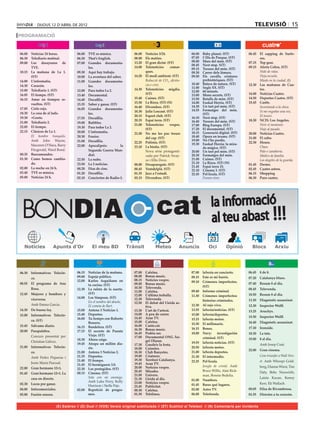 dijous 12 d’abril de 2012                                                                                                              televisió 15
PROGRAMACIÓ


06.00	 Noticias 24 horas.             06.00	 TVE es música.             06.00	   Notícies 3/24.              06.00	   Baby planet. (ST)         06.45	 El zapping de Surfe-
06.30	 Telediario matinal.            06.30	 That’s English.            08.00	   Els matins.                 07.05	   L’illa de Pasqua. (ST)           ros.
09.00	 Los desayunos de               07.00	 Grandes documenta-         13.20	   El gran dictat. (ST)        08.00	   Mars del món. (ST)        07.15	 Top gear.
                                                                                                             08.45	   Next stop. S(T)
       TVE.                                  les.                       14.00	   Telenotícies      comar-    09.15	   Tresors del món. (ST)     09.15	 Alerta Cobra. (ST)
10.15	 La mañana de La 1.             09.30	 Aquí hay trabajo.                   ques.                       09.30	   Carrer dels lèmurs.       	      Nido de ratas.
       (ST)                           10.00	 La aventura del saber.     14.20	   El medi ambient. (ST)       09.50	   Els cavalls, criatures    	      Vieja escuela.
14.00	 L’informatiu.                  11.00	 Grandes documenta-         	        Reducció de CO2, eficièn-            prehistòriques. (ST)      	      Miedo en la ciudad. (I)
                                                                                 cia o crisi.                10.40	   Batecs de natura. (ST)    12.30	 Las mañanas de Cua-
14.30	 Corazón.                              les.
                                                                        14.30	   Telenotícies migdia.        11.00	   Segle XX. (ST)                   tro.
15.00	 Telediario 1. (ST)             12.00	 Para todos La 2.                                                12.00	   60 minuts.
16.05	 El tiempo. (ST)                13.40	 Documental.                         (ST)                        13.00	   Mons secrets. (ST)        14.00	 Noticias Cuatro.
16.15	 Amar en tiempos re-            14.40	 Docufilia.                 15.40	   Cuines. (ST)                13.50	   Retalls de món. (ST)      14.50	 Deportes Cuatro. (ST)
       vueltos. (ST)                                                    15.50	   La Riera. (ST) (N)          14.00	   Euskal Herria. (ST)       15.45	 Castle.
                                      15.35	 Saber y ganar. (ST)
                                                                        16.40	   Divendres. (ST)             14.30	   Un tast pel món. (ST)     	      Inventando a la chica.
17.05	 Cielo rojo.                    16.05	 Grandes documenta-                                              14.55	   Formatges del món.
                                                                        18.30	   Julie Lescaut. (ST)                                            	      Si me engañas una vez.
18.30	 La casa de al lado.                   les.                                                                     (ST)
                                                                        20.15	   Esport club. (ST)                                              	      El tesoro.
19.30	 +Gente.                        17.55	 Docufilia.                                                      16.10	   Next stop. (ST)
                                                                        20.35	   Espai terra. (ST)           16.40	   Tresors del món. (ST)     18.30	 NCIS: Los Angeles.
21.00	 Telediario 2.                  19.00	 Bubbles.
                                                                        21.00	   Telenotícies     vespre.    17.00	   Blog Europa. (ST)         	      Vivir el momento.
22.05	 El tiempo.                     19.30	 Para todos La 2.
                                                                                 (ST)                        17.20	   El documental. (ST)       	      Viaje al pasado.
22.15	 Clásicos de La 1.              20.00	 L’informatiu.                                                   18.15	   Generació digital. (ST)
                                                                        21.50	   No me les puc treure                                           20.00	 Noticias Cuatro.
	      El hombre tranquilo.           20.30	 Frasier.                                                        18.40	   Òpera en texans. (ST)
                                                                                 del cap. (ST)                                                  21.00	 El cubo.
       Amb John Wayne,                21.00	 Docufilia.                                                      19.00	   No t’ho perdis.
                                                                        22.25	   Polònia. (ST)               19.30	   Euskal Herria: la mira-   22.30	 House.
       Maureen O’Hara, Barry          22.00	 Apocalipsis:         la    23.10	   La bèstia. (ST)                                                	      Chase.
                                                                                                                      da màgica. (ST)
       Fitzgerald, Ward Bond.                Segunda Guerra Mun-        	        Nova sèrie protagonit-      20.00	   Un tast pel món. (ST)     	      Palo o zanahoria.
00.35	 Buscamundos.                          dial.                               zada per Patrick Sway-      20.30	   Formatges del món.        	      Médico de familia.
01.30	 Como hemos cambia-             22.50	 La nube.                            ze i Ellis Dove.            21.00	   Cuines. (ST)              	      Los ángeles de la guarda.
       do.                            23.50	 La 2 noticias.             00.00	   Desapareguts. (ST)          21.10	   La Riera. (ST) (N)        01.45	 Dexter.
02.00	 La noche en 24 h.                                                                                     21.45	   Espai terra 33.
                                      00.20	 Días de cine.              00.45	   Ventdelplà. (ST)            22.10	   Cinema 3. (ST)            02.45	 Cuatro astros.
03.40	 TVE es música.                 01.20	 Docufilia.                 01.35	   Jazz a l’estudi.            22.45	   Pel·lícula. (ST)          06.15	 Shopping
05.00	 Noticias 24 h.                 02.10	 Conciertos de Radio-3.     03.15	   Divendres. (ST)             	        Frozen river.             06.30	 Puro cuatro.




    BONDIA                                                                              cat                                la informació
                                                                                                                           al teu abast !!!
                                                                                                                          23
                       Apunts d’Or




06.30	 Informativos Telecin-          06.15	 Noticias de la mañana.     07.00	   Cafeïna.                    07.00	 laSexta en concierto.       06.45	 8 de 8.
                                      09.00	 Espejo público.            08.00	   Bonus music.                08.15	 Este es mi barrio.          07.20	 Catalunya blues.
       co.
                                      12.00	 Karlos Arguiñano en        08.15	   Notícies vespre.
08.55	 El programa de Ana                                                                                    09.10	 Crímenes imperfectos.       07.40	 Resum 8 al dia.
                                             tu cocina. (ST)            09.00	   Bonus music.
                                                                        10.30	   Televenda.                         (ST)
       Rosa.                          12.30	 La ruleta de la suerte.                                                                            08.45	 Televenda.
                                                                        11.00	   Cafeïna.                    09.40	 Informe criminal.
12.45	 Mujeres y hombres y                   (ST)                                                                                               10.50	 Resum 8 al dia.
                                                                        12.00	   L’última troballa.          11.30	 Crímenes imperfectos:
       viceversa.                     14.00	 Los Simpson. (ST)          12.30	   Televenda.
                                      	      En el nombre del abuelo.                                               historias criminales.       11.50	 Diagnòstic assassinat.
                                                                        12.50	   El debat del Lleida ac-
	      Amb Emma García.               	      El cometa de Bart.                                              12.30	 Al rojo vivo.               12.30	 Inspector Wolff.
                                                                                 tiva.
14.30	 De buena ley.                  15.00	 Antena 3 Noticias 1.       13.30	   L’art de l’artesà.          13.55	 laSexta/noticias. (ST)      13.25	 Arucitys.
15.00	 Informativos Telecin-          15.40	 Deportes.                  14.00	   A peu de carrer.            15.00	 laSexta/deportes.
                                                                        14.45	   Aran TV.                                                       15.50	 Inspector Wolff.
                                      16.00	 Tu tiempo con Roberto                                           15.15	 laSexta meteo.
       co. (ST)                                                         15.00	   Cafeïna.
                                             Brasero.                                                        15.30	 El millonario.              16.40	 Diagnòstic assassinat.
15.45	 Sálvame diario.                16.15	 Bandolera. (ST)            16.00	   Canto.cat.
                                                                        16.30	   Bonus music.                16.15	 Bones.                      17.30	 Ironside.
20.00	 Pasapalabra.                   17.15	 El secreto de Puente
                                                                        16.45	   Podria ser.                 18.00	 Navy:     investigación     18.30	 La tata.
	      Concurs presentat per                 Viejo. (ST)                17.00	   Documental ONG Àn-
                                      18.30	 Ahora caigo.                                                           criminal. (ST)              19.00	 8 al dia.
       Christian Gálvez.                                                         gel Olaran.
                                      19.45	 Atrapa un millón dia-                                           19.55	 laSexta noticias. (ST)
                                                                        17.30	   Gaudeix la festa.                                              	      Amb Josep Cuní.
21.00	 Informativos Telecin-                 rio.                       18.00	   Cuinetes.                   20.50	 laSexta meteo.
                                                                                                                                                22.00	 Gran cinema.
       co.                            21.00	 Antena 3 Noticias 2.       18.30	   Club Banyetes.              21.00	 laSexta deportes.
                                      21.35	 Deportes.                  19.00	   Criatures.                  21.30	 El intermedio.              	      Com triunfar a Wall Stre-
	      Amb Pedro Piqueras i
                                      21.40	 El tiempo.                 19.30	   Territori Catalunya.        22.25	 Pel·lícula.                        et. Amb Whoopi Gold-
       Jesús María Pascual.                                             19.45	   Aran TV.
                                      21.45	 El hormiguero 3.0.                                              	      Jungla de cristal. Amb
22.00	 Gran hermano 12+1.                                               20.00	   Notícies vespre.                                                      berg, Dianne Wiest, Tim
                                      22.30	 Los protegidos. (ST)
                                                                        20.45	   Mirades.                           Bruce Willis, Alan Rick-           Daly, Bebe Neuwirth,
01.45	 Gran hermano 12+1. La          00.15	 Cinema. (ST)
                                                                        21.00	   Univers.                           man, Bonnie Bedelia.
       casa en directo.               	      Sola con mi enemigo.       21.30	   Lleida al dia.                                                        Lainie Kazan, Kenny
                                             Amb Luke Perry, Kelly                                           01.00	 Numbers.
02.30	 Locos por ganar.                                                 23.00	   Notícies vespre.                                                      Kerr, Eli Wallach.
                                             Harrison i Stella Pejo.    23.45	   Publicitat.                 01.45	 Bares qué lugares.
04.00	 Infocomerciales.               02.00	 Repetició de progra-       00.30	   Cafeïna.                    02.00	 Astro TV.                   00.05	 Elisa de Rivombrosa.
05.00	 Fusión sonora.                        mes.                       01.30	   Telelínea.                  06.00	 Teletienda.                 01.55	 Directos a tu corazón.


                          (E) Estéreo // (D) Dual // (VOS) Versió original subtitulada // (ST) Subtítol al Teletext // (N) Comentaris per invidents
 