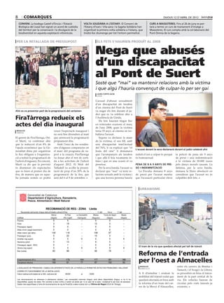 8          comarques                                                                                                                                                                 dijous 12 d’abril de 2012

    conveni. La bodega Castell d’Encús i l’Estació                                         volta solidària a l’estany. El Consorci de                                   curs a massoteres. Fins al 26 de juny es por-
    Biològica del Jussà han signat un acord de custòdia                                    l’Estany d’Ivars i Vila-sana i la Sageta Solidària han                       tarà a terme un curs de tractament d’imatge a
    del territori per la conservació i la divulgació de la                                 organitzat la primera volta solidària a l’estany, que                        Massoteres. El curs compta amb la col∙laboració del
    biodiversitat en aquesta explotació vitivinícola.                                      tindrà lloc diumenge per tot l’entorn perimetral.                            Punt Òmnia de la Segarra.


 per la retallada de pressupost                                                                              els fets s’haurien produït al 2008


                                                                                                            Nega que abusés
                                                                                             acn




                                                                                                            d’un discapacitat
                                                                                                            al Pont de Suert
                                                                                                            Sosté que “mai” va mantenir relacions amb la víctima
                                                                                                            i que algú l’hauria convençut de culpar-lo per ser gai
                                                                                                                                                                                                                       laura cortés (ACN)
                                                                                                             laura cortés (acn)
                                                                                                             lleida

                                                                                                            L’acusat d’abusar sexualment
                                                                                                            d’un discapacitat als lavabos
                                                                                                            d’un cinema del Pont de Suert
Ahir es va presentar part de la programació del certamen                                                    va negar els fets durant el ju-
                                                                                                            dici que es va celebrar ahir a
FiraTàrrega redueix els                                                                                     l’Audiència de Lleida.
                                                                                                               Els fets haurien tingut lloc
actes del dia inaugural                                                                                     en reiterades ocasions el març
                                                                                                            de l’any 2008, quan la víctima
redacció                                          veure l’espectacle inaugural i                            tenia 19 anys, al cinema on tre-
tàrrega
                                                  no serà fins divendres al matí                            ballava l’acusat.
El gerent de FiraTàrrega, Ori-                    que arrencarà la programació                                 Segons va declarar la mare
ol Martí, va confirmar ahir                       pròpiament dita.                                          de la víctima, el seu fill, amb
que la reducció d’un 8% de                           Amb l’inici de les residèn-                            una discapacitat intel·lectual
l’ajuda econòmica que la Ge-                      cies d’algunes companyies en                              del 76%, li va explicar que “el
                                                                                                                                                            L’acusat durant la seva declaració durant el judici celebrat ahir
neralitat dóna per organitzar                     el marc del programa de su-                               Jesús del cine” li demanava
la fira obligarà a l’organitza-                   port a la creació, FiraTàrrega                            que l’acompanyés als lavabos                    induït el noi a culpar-lo perquè    la petició de pena als 9 anys
ció a reduir la programació de                    va donar ahir el tret de sorti-                           i que allà li feia tocaments ín-                és homosexual.                      de presó i una indemnització
l’edició d’enguany. En concret,                   da a les activitats de l’edició                           tims i que en una ocasió el va                                                      a la víctima de 50.000 euros
Martí va dir que la previsió                      d’aquest 2012. El Molí del                                penetrar.                                       pena de 8 a 9 anys de pre-          pels danys morals causats. La
és disminuir els espectacles                      Talladell va acollir la presen-                              Per la seva banda, l’acusat va               só i indemnització                  defensa, per la seva banda,
que es feien el primer dia de                     tació de prop d’un 20% de la                              declarar que “mai” va tenir re-                   La Fiscalia demana 8 anys         demana la lliure absolució en
fira, de manera que en aque-                      programació de la fira, que                               lacions sexuals amb la víctima i                de presó per l’acusat mentre        considerar que l’acusat no és
lla jornada només es podrà                        serà del 6 al 9 de setembre.                              que una tercera persona hauria                  que l’acusació particular eleva     culpables dels fets.



                                                                                                                                                               urbanisme
                                                                                                                                                                                                                 ajuntament d’almacelles
           Generalitat de Catalunya
              Generalitat de Catalunya
           Departament d'Agricultura, Ramaderia
              Departament d’Agricultura, Ramaderia,
           Pesca, Alimentació i Medi Natural Natural
              Pesca, Alimentació i Medi


                                       RECOMANACIÓ DE REG - ZONA                                   Lleida
     Necessitats setmanals d'aigua dels principals cultius(m3/ha).                                           11-abr        fins a       17-abr
                                              Aitona             El Poal        La Granadella          Albesa         Torres de Segre        Maials
 cultius                                     (Segrià)         (Pla Urgell)       (Garrigues)         (Noguera)           (Segrià)           (Segrià)
 Pomera                                         0                  5                  --                    0                0                   --
 Perer                                          3                 19                  --                    12               0                   --
 Presseguer (agost)                             0                  0                  --                    0                0                   --
 Alfals mínim (segat recentment)                0                  0                  --                    0                0                   --
 Alfals màxim (per tallar)                     102                116                 --                   108              97                   --
 Presseguer (juny)                              5                 22                  --                    15               2                   --
 Ametller (reg suport)                          0                  0                  0                     0                0                   0
 Nectarina (juliol)                             0                 13                  --                    6                0                   --
 Presseguer (agost - RDC)                       0                  1                  --                    0                0                   --
                                                                                                                                                              El tram de la via que quedarà afectat pel tall de trànsit
 Olivera (reg suport)                           0                  0                  0                     0                0                   0

                                                                                                                                                              Reforma de l’entrada
 Blat (Lleida)                                 83                 98                  --                   90               79                   --


 Evapotranspiració (ETo)
 Precipitació efectiva
                                               183
                                               100
                                                                  179
                                                                  81
                                                                                     164
                                                                                     77
                                                                                                           177
                                                                                                           87
                                                                                                                           181
                                                                                                                           102
                                                                                                                                             186
                                                                                                                                             93               per l’oest a Almacelles
 L’AVALUACIÓ DE PRESSIONS I CABALS EN DIFERENTS PUNTS DE LA PARCEL•LA PERMETRÀ DETECTAR PROBLEMES I MILLORAR
                                                                                                                                                               redacció                          entre els carrers de Binèfar i
                                                                                                                                                               almacelles
 CORRECTE FUNCIONAMENT DE LA INSTAL•LACIÓ.
                                                                                                                                                                                                 Tamarit, i d’Aragó i la Llitera;
 Càlcul realitzat amb dades de la XAC, setmana del               04/04                al           10/04                                                      A fi d’estudiar i avaluar la       es procedirà en breu al tanca-
                                                                                                                                                              mobilitat del trànsit rodat que    ment de la part central de la
 Les recomanacions es refereixen a plantacions adultes i per necessitats màximes d'aigua, amb plena disponibilitat d'aigua; si no hi ha                       quedarà afectada en breu amb       via. Els vehicles hauran de
 disponibilitat, ajustar les dosis. Per convertir la dosi m3/ha a l/arbre cal dividir per 10 el valor de la taula i multiplicar-lo pel marc de plantació.
 Dades més específiques a l'eina de recomanacions de reg de RuralCat a www.ruralcat.net o a l'Oficina del Regant (ECA de Tàrrega).                            la reforma d’un tram del car-      circular pels vials laterals ja
                                                                                                                                                              rer de la Mercè d’Almacelles,      existents.
 