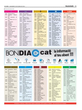 divendres 18 de maig de 2012                                                                                                          televisió 15
PROGRAMACIÓ


06.00	 Noticias 24 horas.          06.00	 TVE es música.             06.00	    Notícies 3/24.              06.15	 Éssers de sang freda.      06.45	 El zapping de Surfe-
06.30	 Telediario     matinal.     07.00	 Grandes documenta-         08.00	    Els matins.                        (ST)                               ros.
       (ST)                                                          13.20	    El gran dictat. (ST)        07.00	 L’Àsia indòmita. (ST)
                                          les.                                                             08.00	 Les muntanyes del          07.30	 Top gear.
09.00	 Los desayunos de                                              14.00	    Telenotícies      comar-
                                   09.00	 Pueblo de Dios.                                                         món. (ST)                  09.30	 Alerta Cobra. (ST)
       TVE.                                                                    ques.
                                   09.30	 Aquí hay trabajo.                                                08.45	 Pròxima parada. (ST)       	       Recuerdos perdidos.
10.15	 La mañana de La 1.                                            14.20	    El medi ambient. (ST)
                                   10.00	 UNED.                                                            09.10	 Tresors del món. (ST)
       (ST)                                                          14.30	    Telenotícies migdia.        09.30	 La vida dels dofins.       10.30	 Rush.
                                   11.00	 Grandes documenta-                   (ST)                               (ST)                       11.30	 Alerta Cobra. (ST)
14.00	 L’informatiu.
                                          les.                       15.40	    Cuines. (ST)                09.55	 Entre lleons. (ST)
14.30	 Corazón.                                                                                                                              	       Bajo sospecha.
                                   12.00	 Para todos La 2.           15.50	    La Riera. (ST) (N)          11.00	 El documental.
15.00	 Telediario.                                                   16.40	    Divendres. (ST)             12.10	 Latituds.                  12.30	 Las mañanas de Cua-
16.05	 El tiempo.                  13.40	 Crónicas.
                                                                     18.30	    Julie Lescaut. (ST)         13.00	 Extremadura des de                 tro.
16.15	 Amar en tiempos re-         14.25	 Zoom net.                  20.15	    Esport club. (ST)                  l’aire. (ST)               14.00	 Noticias Cuatro. (ST)
       vueltos.                    14.40	 Docufilia.                 20.35	    Espai terra. (ST)           13.30	 Cinc cuiners bascos.
                                                                                                           14.30	 Nous exploradors.          14.50	 Deportes Cuatro. (ST)
17.05	 Corazón apasionado.         15.35	 Saber y ganar. (ST)        21.00	    Telenotícies      vespre.
                                                                                                           15.30	 Pròxima parada. (ST)       15.45	 Castle.
17.55	 Cielo rojo.                 16.05	 Documentals.                         (ST)                        15.55	 Les muntanyes del          	       Amar y morir en Los Án-
19.00	 ¿Conoces España?            17.55	 Destinos.                  21.50	    Zona zàping.                       món. (ST)
19.30	 +Gente. (ST)                                                  22.25	    La gran pel·lícula. (ST)    16.40	 Guies de butxaca. (ST)             geles.
                                   18.25	 El escarabajo verde.
21.00	 Telediario 2.                                                           (N)                         17.00	 Quèquicom. (ST)            	       Muerte y belleza.
                                   18.55	 Biodiario.
22.05	 El tiempo.                                                    	         Maleïts malparits. Amb      17.55	 ExperiMental. (ST)         	       KO.
                                   19.00	 La sala.                             Brad Pitt, Daniel Bruhl,    18.15	 Fets curiosos. (ST)
22.15	 Arriba ese ánimo: gala                                                                                                                18.30	 NCIS: Los Angeles.
                                   19.30	 Para todos La 2.                     Mélanie Laurent, Diane      19.20	 City folk.
       homenaje a Miguel                                                                                   19.35	 Extremadura des de         20.00	 Noticias Cuatro. (ST)
                                   20.00	 L’informatiu.                        Kruger.
       Gila.                                                                                                      l’aire. (ST)
                                   20.30	 Moments.                   01.05	    Pel·lícula. (ST)                                              20.45	 Deportes Cuatro.
23.45	 Cinema.                                                                                             20.00	 Cinc cuiners bascos.
                                   21.00	 Docufilia.                 	         El llibre negre. Amb Ca-                                      21.30 	 Me cambio de familia.
	      Persecución mortal.                                                                                 21.00	 Cuines.
                                                                               rice Van Houten, Thom       21.10	 La Riera. (ST)             23.00	 Callejeros.	
01.25	 Ley y orden. Unidad         22.10	 El documental de La 2.
                                                                               Hoffman, Gijs Scholten      21.50	 Fotografies. (ST)
       de víctimas especiales.     23.35	 La 2 noticias.                                                                                     	       Aquí hay droga.
                                                                               van Aschat.                 22.15	 Thalassa. (ST)
02.00	 La noche en 24 h.           23.55	 Somos cortos.              03.20	    Ventdelplà. (ST)            23.00	 Millennium. (ST)           01.15	 Three rivers.
04.00	 TVE es música.              00.25	 Metrópolis.                04.00	    Jazz a l’estudi.            00.00	 El documental. (ST)        03.00	 NBA.




 BONDIA                                                                               cat                               la informació
                                                                                                                        al teu abast !!!
                                                                                                                       23
                     Apunts d’Or




06.30	 Informativos Telecin-       06.15	 Noticias de la mañana.     07.00	    Cafeïna.                    07.00	 laSexta en concierto.      06.55	 8 de 8.
       co.                         09.00	 Espejo público.            08.00	    Club Banyetes.              08.15	 Carreteras     secunda-    07.30	 Catalunya blues.
                                   12.00	 Karlos Arguiñano en        08.15	    Notícies vespre.                   rias. (ST)                 07.55	 Resum 8 al dia.
09.00	 El programa de Ana                                            09.00	    Lleida al dia.
                                          tu cocina. (ST)                                                  09.15	 Crímenes imperfectos.      08.55	 Televenda.
       Rosa.                                                         10.30	    Televenda.
                                   12.30	 La ruleta de la suerte.                                                 (ST)                       10.55	 Resum 8 al dia.
	      Magazine conduït per                                          11.00	    Cafeïna.
                                          (ST)                                                             10.35	 Informe criminal.
       Ana Rosa Quintana.                                            12.00	    Al pot petit.                                                 11.45	 Diagnòstic assassinat.
                                   14.00	 Los Simpson. (ST)          12.30	    Fins diumenge.              11.30	 Crímenes imperfectos:
12.45	 Mujeres y hombres y                                                                                                                   12.30	 Inspector Wolff.
                                   15.00	 Antena 3 Noticias 1.       13.00	    Llanterna digital.                 historias criminales.
                                                                                                                                             13.25	 Arucitys.
       viceversa.                  15.40	 Deportes.                  13.30	    Criatures.                         (ST)
                                                                     14.00	    Notícies migdia.            12.30	 Al rojo vivo.              15.50	 La tata.
14.30	 De buena ley.               15.50	 Tu tiempo con Roberto
                                                                     14.45	    Aran TV.                    	      Espai presentat per An-    16.15	 Inspector Wolff.
15.00	 Informativos Telecin-              Brasero.
                                                                     15.00	    Cafeïna.                           tonio G. Ferreras.         17.05	 Diagnòstic assassinat.
       co. (ST)                    16.15	 Bandolera. (ST)            16.00	    Notícies migdia.            13.55	 laSexta/noticias. (ST)     17.55	 Ironside.
16.00	 Sálvame diario.             17.15	 El secreto de Puente       16.45	    Pinzellades d’art.
                                                                                                           15.00	 laSexta deportes.          18.50	 8 al dia.
	      Amb Paz Padilla.                   Viejo. (ST)                17.00	    Univers.
                                                                                                           15.15	 laSexta meteo.             22.00	 Gran cinema.
20.00	 Pasapalabra.                18.30	 Ahora caigo.               17.30 	   Fanzivid.
                                                                     18.00	    Picalletres.                15.30	 El millonario.             	      Siete hombres al amane-
21.00	 Informativos Telecin-       19.45	 Atrapa un millón. (ST)
                                                                     18.30	    Club Banyetes.              16.15	 Bones.                            cer. Amb Timothy Bot-
       co.                         21.00	 Antena 3 Noticias 2.                                             18.00	 Navy:      investigación
                                                                     18.45	    La caixa màgica.                                                     toms, Martin Shaw, Joss
                                   21.30	 Deportes.                  19.00	    Podria ser.                        criminal.
22.00	 Sálvame de luxe.                                                                                                                             Ackland, Nicola Pagett,
                                   21.35	 El tiempo.                 19.15	    Aran TV.                    19.55	 laSexta noticias. (ST)
	      Talk-show     presentat                                                                                                                      Anthony Andrews.
                                   22.00	 Avanti, que pase el si-    19.30	    Xs sports.                  20.50	 laSexta meteo.
       per Jorge Javier Váz-                                         20.00	    Notícies vespre.                                              00.00	 Cinemetropolis.
                                          guiente.                                                         21.00	 laSexta deportes.
       quez.                       	      Concurs presentat per      20.40	    El temps.                                                     	      El amante de Lady Chat-
                                                                                                           21.30	 #laSexta columna.
02.30	 Locos por ganar.                   Carlos Sobera.             20.45	    Un país, un paradís.                                                 terley. Amb Sylvia
                                                                                                           22.20	 Baby boom.
03.30	 Más que coches.                                               21.00	    Socarrats.
                                   00.15	 Equipo de investiga-                                             23.25	 Navy:      investigación          Kristel, Shane Briant,
                                                                     21.30	    Lleida al dia.
04.00	 En concierto.                      ción.                      23.00	    Notícies vespre.                   criminal.                         Nicholas Clay, Ann
04.30	 Infocomerciales.            	      La doble vida de Angie.    23.45	    Televenda.                  02.00	 Astro TV.                         Mitchell.
05.30	 Fusión sonora.              02.30	 Minutos musicales.         00.30	    Cafeïna.                    06.00	 Teletienda.                01.45	 Clips.


                       (E) Estéreo // (D) Dual // (VOS) Versió original subtitulada // (ST) Subtítol al Teletext // (N) Comentaris per invidents
 