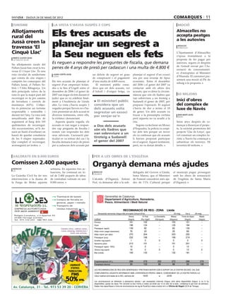 dijous 24 de maig de 2012                                                                                                                                              comarques 11
 turisme                            LA VISTA S’HAVIA SUSPÈS 3 COPS                                                                                                                          moció

Allotjaments
rural del                          Els tres acusats de                                                                                                                                    Almacelles no
                                                                                                                                                                                          accepta peatges
                                                                                                                                                                                          a les autovies
Jussà creen la
travessa ‘El                       planejar un segrest a                                                                                                                                    redacció
                                                                                                                                                                                            almacelles

Cinquè Llac’
 marta lluvich (ACN)
 la pobla de segur
                                   la Seu neguen els fets                                                                                                                                 L’Ajuntament d’Almacelles
                                                                                                                                                                                          s’oposa frontalment a la
                                                                                                                                                                                          proposta de fer pagar per
Sis allotjaments rurals del
                                   Es neguen a respondre les preguntes de fiscalia, que demana                                                                                            autovies, segons es desprèn
                                                                                                                                                                                          de l’estudi enviat per l’As-
Pallars Jussà han creat la tra-    penes de 4 anys de presó per cadascun i una multa de 4.800 €                                                                                           sociació de concessionàri-
vessa El Cinquè Llac. És una
                                                                                                                                                                                          es d’autopistes al Ministeri
ruta circular de senderisme         laura cortés (ACN)                     un delicte de segrest en grau                       planejar el segrest d’un exsoci
                                    lleida                                                                                                                                                d’Hisenda. El consistori pre-
que consta de cinc etapes i                                                de conspiració i el pagament                        seu per una revenja de tipus
                                                                                                                                                                                          sentarà una moció al Ple de
comprèn les comarques del          Els tres acusats de planejar el         d’una multa de 4.800 euros.                         econòmic. Entre el desembre
                                                                                                                                                                                          rebuig a la proposta.
Pallars Jussà, el Pallars So-      segrest d’un empresari holan-             El ministeri públic consi-                        del 2006 i el gener del 2007 va
birà i l’Alta Ribagorça. Un        dès a la Seu d’Urgell entre el          dera que un dels acusats, veí                       contactar amb els altres dos
dels principals valors de la       desembre de 2006 i el gener de          d’Adrall i d’origen belga, va                       acusats, que es dóna la circum-
ruta és que la major part del      2007 van negar els fets durant el                                                           stància que són els lladres que                            60 milions
recorregut es fa per camins        judici que es va celebrar final-                                                            van sobreviure a un tiroteig a
de ferradura i corriols de         ment a l’Audiència de Lleida             > El ministeri públic                              Sudanell el gener de 2007, per                             Inici d’obres
muntanya (62%). L’objec-           ahir. La vista s’havia suspès 3          considera que un                                   preparar l’operació. El segrest                            del complex de
tiu és potenciar un turisme        vegades perquè llavors no s’ha-          dels acusats volia                                 s’havia de dur a terme el 18                               luxe de Navès
responsable i sostenible i         vien presentat un dels acusat ni         segrestar un exsoci                                de gener. Un dels acusats va
durant tot l’any. La ruta està     diversos testimonis, entre ells,         per venjar-se’n                                    trucar a la presumpta víctima                                mar martí (acn)
                                                                                                                                                                                            navès
senyalitzada amb fites de          la víctima i denunciant.                                                                    però aquesta no va acudir a la
seguiment al llarg dels 105           Aquesta quarta vegada, els                                                               cita.                                                      Setze anys després de co-
quilòmetres de recorregut.         acusats es van negar a respon-           > Dos dels acusats                                    Segons va declarar un Mosso                             mençar a dissenyar el projec-
Als excursionistes, se’ls do-      dre cap pregunta de fiscalia i           són els lladres que                                d’Esquadra, la policia va sospi-                           te, la societat promotora del
narà un bastó d’avellaner on       només van respondre les dels                                                                tar dels fets perquè un tercer                             projecte ‘Llac de Linya’, que
                                                                            van sobreviure a un
haurà de quedar constància         seus advocats. L’acusació par-                                                              els va confessar que els acusats                           vol construir un complex tu-
de les 5 etapes superades.         ticular es va retirar del cas i la       tiroteig a Sudanell                                li havien proposat participar                              rístic a Navès ha començat a
Qui completi el recorregut,        fiscalia demana 4 anys de presó          el gener del 2007                                  en el segrest. Aquest testimoni,                           urbanitzar els terrenys. Hi
aconseguirà un trofeu.             per a cadascun dels acusats per                                                             però, no va donar detalls.                                 invertirà 60 milions.



 valorats en 8.000 euros                                                   per a les obres de l’església

Comissen 2.400 paquets                                                     Organyà demana més ajudes
 redacció                         setmana. En aquestes tres ac-
 les
                                  tuacions, ha comissat un to-              redacció                                           delegada del Govern a Lleida,                         el municipi pugui prosseguir
                                                                            organyà
La Guàrdia Civil ha fet tres      tal de 2.400 paquets de tabac                                                                Inma Manso, que el Ministeri                          amb les obres de restauració
intervencions a la duana de       de contraban valorats en uns             L’alcalde d’Organyà, Antoni                         de Foment concedeixi més aju-                         de l’església de Santa Maria
la Farga de Moles aquesta         8.000 euros.                             Fiol, va demanar ahir a la sub-                     des de l’1% Cultural perquè                           d’Organyà.




                                     ● Tramitació de baixes
                                                                                      Generalitat de Catalunya
                                                                                         Generalitat de Catalunya
                                                                                      Departament d'Agricultura, Ramaderia
                                                                                         Departament d’Agricultura, Ramaderia,
                                     ● Compra de ferralla en
                                                                                      Pesca, Alimentació i Medi Natural Natural
                                                                                         Pesca, Alimentació i Medi
                                       general, paper i metalls
                                     ● Transports de
  EMPRESA AUTORITZADA                  residus industrials
  PER MEDI AMBIENT                                                                                                RECOMANACIÓ DE REG - ZONA                                 Lleida
                                                                                Necessitats setmanals d'aigua dels principals cultius(m3/ha).                                        23-maig         fins a      29-maig
  Polígon Canaleta, s/n Apartat 93
                                                                                                                         Aitona             El Poal        La Granadella         Albesa        Torres de Segre         Maials
  25300 Tàrrega (Lleida)
  Tel. 973 310 243 - 686 993 226                                            cultius                                     (Segrià)         (Pla Urgell)       (Garrigues)         (Noguera)           (Segrià)          (Segrià)
                                                                            Pomera                                        161                102                 --                 103              151                 --
                                                                            Perer                                         196                134                 --                 135              184                 --
                                           Cotxets chico, cadires cotxe,    Presseguer (agost)                            139                 82                 --                 83               130                 --
                                           cunes camping, habitacions i     Alfals mínim (segat recentment)               76                  23                 --                 25                69                 --
                                                     molts més articles.
                                                                            Alfals màxim (per tallar)                     270                204                 --                 203              255                 --
                                                                            Presseguer (juny)                             232                168                 --                 168              219                 --
                                                                            Ametller (reg suport)                          1                   0                 0                   0                 0                 0
                                                                            Nectarina (juliol)                            213                151                 --                 151              201                 --
                                                                            Presseguer (agost - RDC)                      16                   0                 --                  0                12                 --
                                                                            Olivera (reg suport)                          16                   0                 0                   0                12                 0
                                                                            Blat (Lleida)                                 193                132                 --                 132              181                 --


                                                                            Evapotranspiració (ETo)                       299                279                252                 273              286                279
                                                    LIQUIDACIÓ              Precipitació efectiva                         59                 103                89                   98               59                108
                                                     D’ESTOCS
                                                                            LES RECOMANACIONS DE REG SÓN GENÈRIQUES I PRETENEN SERVIR COM A SUPORT EN LA VOSTRA DECISIÓ. CAL QUE
                                                   PUERICULTURA
                                                                            COMPLEMENTEU AQUESTA INFORMACIÓ AMB L’EXPERIÈNCIA PRÒPIA I AMB EL CONEIXEMENT DE LA VOSTRA PARCEL•LA.
                                                         FINS               Càlcul realitzat amb dades de la XAC, setmana del               16/05                al         22/05

                                                50%             DTE.
                                                                            Les recomanacions es refereixen a plantacions adultes i per necessitats màximes d'aigua, amb plena disponibilitat d'aigua; si no hi ha
                                                                            disponibilitat, ajustar les dosis. Per convertir la dosi m3/ha a l/arbre cal dividir per 10 el valor de la taula i multiplicar-lo pel marc de plantació.
 Av. Catalunya, 31 - Tel. 973 53 39 20 - CERVERA                            Dades més específiques a l'eina de recomanacions de reg de RuralCat a www.ruralcat.net o a l'Oficina del Regant (ECA de Tàrrega).
 