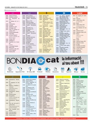 dimarts 29 de maig de 2012                                                                                                             televisió 15
PROGRAMACIÓ


06.00	 Noticias 24 horas.           06.00	 TVE es música.               06.00	   Notícies 3/24.              06.10	 Les dones salvatges       06.45	 El zapping de Surfe-
06.30	 Telediario matinal.          06.30	 Pequeños universos.          08.00	   Els matins.                         dels Viramba. (ST)              ros.
                                    07.00	 Grandes documenta-           13.20	   El gran dictat. (ST)        06.55	 Mars del món. (ST)
09.00	 Los desayunos de                                                                                                                       07.30	 Top gear.
                                                                                                             07.45 	 Retalls de món. (ST)
       TVE.                                les.                         14.00	   Telenotícies      comar-    08.00	 La volta al món en 80     09.30	 Alerta Cobra. (ST)
10.15	 La mañana de La 1.           09.00	 Babel en TVE.                         ques.                               transaccions. (ST)
                                                                        14.20	   El medi ambient. (ST)                                        	      La viuda negra.
       (ST)                         09.30	 Aquí hay trabajo.                                                 08.45	 Planeta furiós. (ST)
                                    10.00	 La aventura del saber.       	        Anàlisi d’aigües a Caldes   09.10	 Guies de butxaca. (ST)    10.30	 Rush.
14.00	 L’informatiu.                                                                                         09.30	 A fons. (ST)
                                    11.00	 Grandes documenta-                    de Malavella.                                                11.30	 Alerta Cobra. (ST)
14.30	 Corazón.                                                                                              09.50	 Baby planet. (ST)
                                           les.                         14.30	   Telenotícies migdia.                                         	      La decisión de Laura.
15.00	 Telediario 1. (ST)                                                                                    11.00	 El documental.
                                    12.00	 Para todos La 2.                      (ST)                        11.50	 Segle XX. (ST)            12.30	 Las mañanas de Cua-
16.05	 El tiempo. (ST)                                                  15.40	   Cuines. (ST)
                                    13.40	 Documentos TV.                                                    13.00	 Extremadura des de               tro.
16.15	 Amar en tiempos re-                                              15.50	   La Riera. (ST) (N)                  l’aire. (ST)
       vueltos. (ST)                14.40	 Docufilia.                                                                                         14.00	 Noticias Cuatro.
                                                                        16.40	   Divendres. (ST)             13.30	 La meva cuina xiprio-
                                    15.35	 Saber y ganar. (ST)                                                       ta. (ST)                 14.50	 Deportes Cuatro. (ST)
17.05	 Corazón apasionado.                                              18.30	   Julie Lescaut. (ST)
                                    16.05	 Grandes documenta-                                                13.55	 Forquilla i motxilla.
17.55	 Cielo Rojo.                                                      20.15	   Esport club. (ST)                                            15.45	 House.
                                           les.                                                              14.30	 Descobrir el Perú. (ST)
19.00	 ¿Conoces España?                                                 20.35	   Espai terra. (ST)           15.30	 Pròxima parada. (ST)      	      Abierto y cerrado.
                                    17.55	 Docufilia.
	      Concurs presentat per                                            21.00	   Telenotícies     vespre.    15.55	 La volta al món en 80     	      La elección.
                                    19.00	 Pequeños universos.                                                       transaccions. (ST)
       Ramon García.                                                             (ST)
                                    19.30	 Para todos La 2.                                                  16.50	 Latituds. (ST)            	      Bagaje.
19.30	 +Gente. (ST)                                                     21.50	   Alguna pregunta més.
                                    20.00	 L’informatiu.                22.30	   Terreny personal. (ST)      17.20	 La Sonora.                18.30	 Castle.
21.00	 Telediario 2.                                                                                         17.50	 Ànima. (ST)
                                    20.30	 Continuarà.                  23.30	   Valor afegit. (ST)                                           20.00	 Noticias Cuatro. (ST)
22.15	 Españoles en el mun-         21.00	 Docufilia.                                                        18.40	 Cronos. (ST)
                                                                        00.00	   Pel·lícula. (ST)            19.35	 Extremadura des de        20.45	 Deportes Cuatro.
       do.                          22.00	 Versión española.            	        Jo sóc sola. Amb Moro               l’aire. (ST)             21.30	 El cubo.
	      Ginebra.                     	      La estanquera de Vallecas.            Anghileri, Eugenia To-      20.00	 La meva cuina xiprio-
00.10	 Conectando España.                                                                                                                     22.30	 Perdidos en la tribu.
                                    00.25	 La 2 noticias.                        bal, Mara Bestelli, Oli-            ta.
01.10	 Repor. (ST)                  00.55	 Ritmo urbano.                                                     20.25	 Forquilla i motxilla.     00.15	 Conexión Samanta.
                                                                                 via Molina.
01.40	 La noche en 24h. (ST)                                                                                 21.00	 Cuines. (ST)              03.00	 Cuatro astros.
                                    01.25	 Docufilia.                   01.45	   Desapareguts. (ST)          21.10	 La Riera. (ST) (N)
03.20	 TVE es música.               02.20	 Conciertos de Radio 3.       02.30	   Ventdelplà. (ST)            21.45	 Via llibre. (ST)          06.15	 Shopping
05.30	 Noticias 24h.                02.50	 La noche temática.           03.20	   Jazz a l’estudi.            22.10	 Valor afegit. (ST)        06.30	 Puro cuatro.




 BONDIA                                                                                 cat                              la informació
                                                                                                                         al teu abast !!!
                                                                                                                         23
                      Apunts d’Or




06.30	 Informativos Telecin-        06.15	 Noticias de la mañana.       07.00	   Cafeïna.                    07.00	 laSexta en concierto.     06.45	 8 de 8.
       co.                          09.00	 Espejo público.              08.00	   Club Banyetes.              08.15	 Carreteras     secunda-   07.20	 Catalunya blues.
                                    12.00	 Karlos Arguiñano en          08.15	   Notícies vespre.                   rias.                     08.00	 Resum 8 al dia.
09.00	 El programa de Ana                                               09.00	   Lleida al dia.
                                           tu cocina. (ST)                                                   09.05	 Crímenes imperfectos.     09.00	 Televenda.
       Rosa.                                                            10.30	   Televenda.                         (ST)
                                    12.30	 La ruleta de la suerte.      11.00	   Cafeïna.                                                     10.55	 Resum 8 al dia.
12.45	 Mujeres y hombres y                                                                                   10.35	 Informe criminal.
                                           (ST)                         12.00	   Promo.                                                       11.45	 Diagnòstic assassinat.
       viceversa.                                                       12.30	   Televenda 4.                11.30	 Crímenes imperfectos:
                                    14.00	 Los Simpson. (ST)                                                                                  12.35	 S’ha escrit un crim.
	      Amb Emma García.                                                 12.50	   Lliure i directe.                  historias criminales.
                                    15.00	 Antena 3 Noticias 1.                                                                               13.25	 Arucitys.
14.30	 De buena ley.                                                    13.30	   Nius.                       12.30	 Al rojo vivo.
                                    15.40	 Deportes.                                                         	      Espai presentat per An-   15.50	 La tata.
                                                                        14.00	   Notícies migdia.
15.00	 Informativos Telecin-        16.00	 Tu tiempo con Roberto                                                                              16.15	 Inspector Wolff.
                                                                        14.45	   Aran TV.                           tonio G. Ferreras.
       co. (ST)                            Brasero.                     15.00	   Cafeïna.                    13.55	 laSexta/noticias. (ST)    17.05	 Diagnòstic assassinat.
16.00	 Sálvame diario.              16.15	 Bandolera. (ST)              16.00	   Notícies migdia.            15.00	 laSexta/deportes.         17.55	 Ironside.
20.00	 Pasapalabra.                 17.15	 El secreto de Puente         16.45	   Pinzellades d’art.          15.15	 laSexta meteo.            18.50	 8 al dia.
                                                                        17.00	   Socarrats.
	      Concurs presentat per               Viejo. (ST)                                                       15.30	 El millonario.            	      Amb Josep Cuní.
                                                                        17.30	   Fins diumenge.
       Christian Gálvez.            18.30	 Ahora caigo.                 18.00	   Diari de la música.         16.15	 Bones.                    22.00	 Gran cinema.
                                    19.45	 Atrapa un millón dia-        18.30	   Club Banyetes.              18.00	 Navy:     investigación   	      El caso Bourne. Amb
21.00	 Informativos Telecin-
                                           rio. (ST)                    18.45	   La caixa màgica.                   criminal. (ST)                   Matt Damon, Franka
       co.                                                                                                   19.55	 laSexta noticias. (ST)
                                    21.00	 Antena 3 Noticias 2.         19.00	   Avatar.                                                             Potente, Clive Owen,
22.00	 Hay una cosa que te                                              19.15	   Aran TV.                    20.50	 laSexta meteo.
                                    21.35	 Deportes.                                                                                                 Chris Cooper, Brian
       quiero decir.                                                    19.30	   Xs sports.                  21.00	 laSexta deportes.
                                    21.45	 El tiempo.                   20.00	   Notícies vespre.                                                    Cox.
	      Espai presentat per Jor-                                                                              21.30	 El intermedio.
                                    22.00	 El hormiguero 3.0.           20.45	   El temps.                                                    00.10	 Pel·lícula.
       ge Javier Vázquez.                                                                                    22.25	 Pel·lícula.
                                    	      Convidat: l’exastronau-      20.50	   El debat de Lleida acti-                                     	      Amigas a la fuerza. Amb
                                                                                                             	      Paycheck. Amb Ben Af-
01.45	 Gran hermano 12+1.                  ta Charles Duke.                      va.                                                                 Goldie Hawn, Susan
                                                                        21.30	   Lleida al dia.                     fleck, Aaron Eckhart,
       Resum.                       22.30	 Luna: El misterio de                                                     Uma Thurman.                     Sarandon,      Geoffrey
                                                                        23.00	   Notícies vespre.
02.30	 Locos por ganar.                    Candela.                                                          00.30	 Numbers. (ST)                    Rush, Erika Christen-
                                                                        23.45	   Televenda.
04.00	 Infocomerciales.             00.15	 Buenas noches y Bue-         00.30	   Cafeïna.                    02.15	 Astro TV.                        sen.
05.00	 Fusión sonora.                      nafuente.                    01.30	   Videoclips.                 06.00	 Teletienda.               01.40	 Clips.


                        (E) Estéreo // (D) Dual // (VOS) Versió original subtitulada // (ST) Subtítol al Teletext // (N) Comentaris per invidents
 