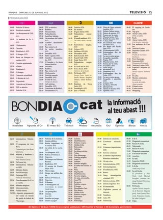 dimecres 13 de juny de 2012                                                                                                                 televisió 15
PROGRAMACIÓ


06.00	 Noticias 24 horas.            06.00	   TVE es música.           06.00	   Notícies 3/24.                 06.10	 Dins de l’úter: animals      06.45	 El zapping de Surfe-
                                     06.30	   Bubbles.                 08.00	   Els matins.                           insòlits. (ST)                       ros.
06.30	 Telediario matinal.                                                                                     06.55	 Relats d’altres terres.
                                     07.00	   Documentals.             13.20	   El gran dictat. (ST)                                               07.30	 Top gear.
09.00	 Los desayunos de TVE.         09.00	   Naturalmente.            14.00	   Telenotícies        comar-     07.50	 Batecs de natura. (ST)       09.30	 Alerta Cobra. (ST)
                                                                                                               08.00	 França per la costa.         	       Doble pesadilla.
       (ST)                          09.30	   Aquí hay trabajo.                 ques.                          08.50	 Planeta furiós. (ST)
                                     10.00	   La aventura del saber.   14.20	   El medi ambient. (ST)                                              10.30	 Rush.
10.15	 La mañana de La 1.                                                                                      09.15	 Retalls de món. (ST)
                                              (ST)                     	        De l’aire a terra i vicever-   09.30	 A fons. (ST)                 11.30	 Alerta Cobra. (ST)
       (ST)                          11.00	   Grandes documenta-                sa.                            09.50	 Els animals més letals       	       Con la mejor intención.
                                              les. (ST)                14.30	   Telenotícies migdia.                  del món. (ST)                12.30	 Las mañanas de Cua-
14.00	 L’informatiu.
                                     12.00	   Para todos La 2.                  (ST)                           10.40	 Els diaris del Pacífic               tro.
14.30	 Corazón.                      13.40	   La noche temática.       15.40	   Cuines. (ST)                          Sud. (ST)                    14.00	 Noticias Cuatro.
                                                                                                               11.00	 El documental. (ST)          14.50	 Deportes Cuatro. (ST)
15.00	 Telediario 1. (ST)                     (ST)                     15.50	   La Riera. (ST) (N)
                                                                                                               13.00	 Extremadura des de           16.00	 House.
16.15	 El tiempo. (ST)               14.40	   Docufilia. (ST)          16.40	   Divendres. (ST)                       l’aire. (ST)                 	       Prueba de recesiones.
                                     15.35	   Saber y ganar. (ST)      18.30	   Julie Lescaut. (ST)            13.30	 La meva cuina grega.
16.30	 Amar en tiempos re-                                                                                                                         	       Bombazos.
                                     16.05	   Grandes documenta-       20.15	   Esport Club. (ST)              13.55	 Forquilla i motxilla.
                                                                                                                                                   17.45	 Previ Eurocopa.
       vueltos. (ST)                          les. (ST)                20.30	   Espai Terra. (ST)              14.30	 Papua. (ST)
                                                                                                               15.30	 Planeta furiós. (ST)         18.00	 Eurocopa 2012.
                                     17.55	   El hombre y la tierra    21.00	   Telenotícies        vespre.
17.25	 Corazón apasionado.                                                                                     15.55	 França per la costa.         	       Dinamarca-Portugal.
                                              (fauna ibérica).                  (ST)                                                               20.00	 Noticias Cuatro. (ST)
19.30	 +Gente.                                                                                                 16.50	 Via llibre. (ST)
                                     18.00	   Docufilia.               21.50	   El cercle del 4. (ST)                                              21.00	 Especial Callejeros vi-
                                                                                                               17.15	 Valor afegit.
21.00	 Telediario 2.                 19.00	   Bubbles.                 21.50	   Sense ficció. (ST)             17.40	 60 minuts. (ST)                      aeros.
                                     19.30	   Para todos La 2.         	        Històries de la Model.         18.35	 Singulars. (ST)              	       Menús viajeros. Primera
22.05	 El tiempo.                    20.00	   L’informatiu.            22.55	   Pel·lícula. (ST)               19.30	 Extremadura des de                   part.
22.15	 Comando actualidad.           20.30	   Gent de paraula.         	        Savage Grace. Amb Ju-                 l’aire. (ST)                 21.30 	 El cubo.
                                     21.00	   Docufilia. (ST)                   lianne Moore, Stephen          20.00	 La meva cuina grega.         22.30	 Mentes criminales.
00.45	 El debate de La 1.                                                                                      20.25	 Forquilla i motxilla.
                                     22.00	   El cine de La 2.                  Dillane, Eddie Redma-                                              	       Beneficencia.
02.15	 En portada.                   	        Tiempo de silencio.               nyne.                                 (ST)
                                                                                                               21.00	 Cuines. (ST)                 	       La noche del diablo.
02.55	 La noche en 24 horas.         23.55	   La 2 noticias.           00.35	   Bombers de Nova                21.10	 La Riera. (ST) (N)           	       Almas gemelas.
                                     00.55	   Docufilia. (ST)                   York. (ST)                     21.45	 Quèquicom.                   01.45	 Último aviso.
04.55	 TVE es música.
                                     01.40	   Conciertos de Radio-3.   01.20	   Ventdelplà. (ST)               22.40	 Òpera en texans. (ST)        02.45	 Cuatro astros.
05.30	 Noticias 24 h.                02.10	   Documentos TV.           02.20	   Jazz a l’estudi.               23.35	 Sputnik. (ST)                06.15	 Shopping.




 BONDIA                                                                                 cat                                   la informació
                                                                                                                              al teu abast !!!
                                                                                                                              23
                        Apunts d’Or




06.30	 Informativos Telecin-         06.15	 Noticias de la mañana.     07.00	   Cafeïna.                       07.00	 laSexta en concierto.        06.50	 8 de 8.
       co.                           08.55	 Espejo público.            08.00	   Club Banyetes.                 08.15	 Carreteras       secunda-    07.20	 Diagnòstic assassinat.
                                     12.00	 Karlos Arguiñano en        08.15	   Notícies vespre.                                                   08.00	 Resum 8 al dia.
08.55	 El programa de Ana                                              09.00	   Lleida al dia.                        rias.
                                            tu cocina. (ST)                                                                                        08.55	 Televenda.
       Rosa.                                                           10.30	   Televenda.                     09.10	 Crímenes imperfectos.
                                     12.45	 La ruleta de la suerte.                                                                                10.55	 Resum 8 al dia.
	      Presentat per Ana Rosa                                          11.00	   Cafeïna.
                                            (ST)                                                                      (ST)
       Quintana.                                                       12.00	   Les dones sàvies.                                                  11.45	 Diagnòstic assassinat.
                                     14.00	 Los Simpson. (ST)          12.30	   7 dies.                        10.35	 Informe criminal.
12.45	 Mujeres y hombres y                                                                                                                         12.35	 S’ha escrit un crim.
                                     15.00	 Antena 3 Noticias 1.       13.30	   Fins diumenge.                 11.30	 Crímenes imperfectos:        13.30	 Arucitys.
       viceversa.                    15.40	 Deportes.                  14.00	   Notícies migdia.
                                                                                                                      historias criminales.        15.50	 La tata.
	      Amb Emma García.              16.00	 Tu tiempo con Roberto      14.45	   Aran TV.
                                            Brasero.                   15.00	   Cafeïna.                       12.30	 Al rojo vivo.                16.15	 Inspector Wolff.
14.30	 De buena ley.
                                     16.15	 Bandolera. (ST)            16.00	   Notícies migdia.               13.55	 laSexta/noticias. (ST)       17.05	 Diagnòstic assassinat.
15.00	 Informativos Telecin-                                           16.50	   El debat del Lleida ac-
                                     17.15	 El secreto de Puente                                               15.00	 laSexta/deportes.            18.50	 8 al dia.
       co. (ST)                                                                 tiva.
                                            Viejo. (ST)                                                                                            	      Amb Josep Cuní.
16.00	 Sálvame diario.                                                 17.30	   Nius.                          15.45	 El millonario. (ST)
                                     18.30	 Ahora caigo.                                                                                           22.00	 La pel·lícula.
20.15	 Previ Eurocopa.                                                 18.00	   Al pot petit.                  16.30	 Bones.
                                     19.45	 Atrapa un millón dia-      18.30	   Club Banyetes.                                                     	      El presidente y Miss
20.45	 Eurocopa 2012.                       rio.                       18.45	   La caixa màgica.               18.10	 Navy:        investigación          Wade. Amb Michael
	      Holanda-Alemanya.             21.00	 Antena 3 Noticias 2.       19.00	   Un país, un paradís.                  criminal. (ST)                      Douglas, Annette Be-
22.30	 Gran hermano 12+1. La         21.35	 Deportes.                  19.15	   Aran TV.
                                                                                                               19.55	 laSexta noticias. (ST)              ning, Richard Dreyfuss,
       re-vuelta.                    21.45	 El tiempo.                 19.30	   Xs sports.
                                                                       20.00	   Notícies vespre.               20.55	 laSexta deportes. (ST)              Martin Sheen.
02.00	 Minutos mágicos.              22.00	 El hormiguero 3.0.
                                                                       20.45	   El temps.                      21.30	 El intermedio.               00.05	 Pel·lícula.
                                     	      Convidada: la model
04.00	 Infocomerciales.                                                20.50	   Pinzellades d’art.                                                 	      Agatha Christie: trayecto-
                                            Heidi Klum.                                                        22.25	 Vigilados: person of
05.00	 Fusión sonora.                                                  21.00	   Pica lletres.                                                             ria de Bumerán. (Segona
                                     22.30	 Los protegidos.                                                           interest.
NOTA: Aquesta programació                                              21.30	   Lleida al dia.
                                     00.30	 Cinema.                                                                                                       part). Amb James War-
                                                                       23.00	   Notícies vespre.               01.00	 Numbers.
       pot variar en funció          	      Rose Hill.                 23.45	   Televenda.                                                                wick, Francesca Annis,
       del partit de futbol de       02.00	 Estrellas en juego.        00.30	   Cafeïna.                       02.00	 Astro TV.                           Sir John Gielguld.
       l’Eurocopa.                   02.45	 ¡Vamos a jugar!            01.30	   Videoclips.                    06.00	 Teletienda.                  01.40	 Clips.


                         (E) Estéreo // (D) Dual // (VOS) Versió original subtitulada // (ST) Subtítol al Teletext // (N) Comentaris per invidents
 