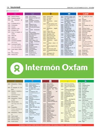 14 televisió                                                                                                               dimecres 12 de setembre DE 2012

PROGRAMACIÓ


06.00	 Noticias 24 horas.             06.00	 TVE es música.             06.00	   Notícies 3/24.               06.10	 Paradisos asiàtics. (ST)   06.45	 El zapping de Surfe-
                                      06.30	 Baleares, un viaje en el   08.00	   Els matins.                  06.30	 Les 7 meravelles de la            ros.
06.30	 Telediario matinal.
                                             tiempo.                                                                 Xina. (ST)
09.00	 Los     desayunos     de                                         13.05	   Rex. (ST)                    07.00	 El camp de batalla dels    08.15	 Top gear.
                                      07.00	 El hombre y la tierra.     14.00	   Telenotícies      comar-                                       09.15	 Alerta Cobra. (ST)
                                                                                                                     depredadors. (ST)
       TVE.                           08.05	 Grandes documenta-
                                                                                 ques.                        08.00	 Un viatge a través         	      El juez.
10.15	 La mañana de La 1.                    les.                                                                    d’Àfrica. (ST)
                                                                        14.20	   El medi ambient. (ST)                                          10.15	 Rush.
                                      09.00	 Elogio de la luz.                                                09.00	 Cultures vives. (ST)
14.05	 L’informatiu.                                                    	        La reimplantació del coral                                     12.30	 Las mañanas de Cua-
                                      09.30	 Aquí hay trabajo.                                                09.50	 Retalls de món. (ST)
14.30	 Corazón.                       10.05	 Por la ruta de la memo-             vermell.                     10.05	 Espai terra.                      tro.
15.00	 Telediario 1. (ST)                    ria.                       14.30	   Telenotícies migdia.         10.30	 El documental.             14.00	 Noticias Cuatro.
                                      10.45	 Grandes documenta-                  (ST)                         11.25	 City folk. (ST)            14.50	 Deportes Cuatro. (ST)
16.10	 El tiempo. (ST)                                                                                        12.00	 Animals genials. (ST)
                                             les.                       15.40	   Cuines. (ST)                                                   15.45	 Frank de la jungla.
16.30	 Amar en tiempos re-                                                                                    12.50	 El Mediterrani des de
                                      11.45	 Otros pueblos.             15.50	   La Riera. (ST) (N)                  l’aire. (ST)               18.00	 Fauna letal.
       vueltos.                       12.35	 La dieta mediterránea.     16.30	   Divendres. (ST)              13.30	 Un tast pel món. (ST)      19.00	 Hawai 5.0.
                                      13.00	 Para todos La 2.                                                 14.00	 Les vacances romanes
17.25	 Amor real.                                                       18.25	   Julie Lescaut. (ST)                                            20.00	 Noticias Cuatro. (ST)
                                      13.30	 Zoom net.                                                               de la Catherine. (ST)
18.30	 +gente.                        13.45	 La noche temática.         19.55	   Espai terra. (ST)            14.30	 Un viatge a través         21.00	 Deportes Cuatro.
21.00	 Telediario 2.                  14.40	 Docufilia.                 20.20	   El gran dictat. (ST)                d’Àfrica. (ST              21.30	 Lo sabe, no lo sabe.
                                                                        21.00	   Telenotícies     vespre.     15.40	 Thalassa. (ST)             22.30	 Castle.
22.30	 Comando actualidad.            15.35	 Saber y ganar. (ST)
                                                                                                              16.20	 Cultures vives. (ST)
                                      16.05	 Grandes documenta-                  (ST)                         17.15	 Quant fa de llarg un       	      Todo contra el alcalde.
	      Vidas paradas.                        les. (ST)                  21.50	   Catalunya aixeca el                                            	      Un infierno muy canino.
                                                                                                                     tros de cordill? (ST)
00.30	 Conectando España.             17.00	 El hombre y la tierra.              teló.                        18.05	 Espai terra 33. (ST)       	      Puf, estás muerto.
	      Avui: Abla (Almeria) i         18.00	 Docufilia.                 22.30	   Alguna pregunta més.         18.30	 Parlament. (ST)            01.00	 Ladrón de guante blan-
                                      19.00	 Paraísos cercanos.                                               19.00	 City folk.
       Covarrubias (Burgos).                                                     (ST)                         19.35	 El Mediterrani des de             co.
                                      20.00	 L’informatiu.
01.25	 Como hemos cambia-                                               23.10	   Miami trauma. (ST)                  l’aire. (ST)               	      Asuntos pendientes.
                                      20.30	 Gent de paraula.
                                                                        00.35	   Les germanes McLeod.         20.05	 Quarts de nou.             01.45	 Torchwood.
       do.                            21.00	 Docufilia.                                                       21.10	 La Riera. (ST) (N)
                                      22.00	 El cine de La 2.                    (ST)                                                           02.30	 Cuatro astros.
01.50	 TVE es música.                                                                                         21.55	 60 minuts. (ST)
                                      	      Tiempos de azúcar.         02.00	   Ventdelplà. (ST)             22.50	 Mestres de mestres.        06.15	 Shopping.
04.00	 Noticias 24 h.                 23.45	 La 2 noticias.             02.50	   Blues a l’estudi.            23.25	 L’aprenent de pilot.       06.30	 Puro Cuatro.




06.30	 Informativos Telecin-          06.15	 Noticias de la mañana.     07.00	   Bonus music.                 07.00	 laSexta en concierto.      07.00	 8 de 8.
                                      08.55	 Espejo público.            08.00	   Notícies vespre.             08.15	 Este es mi barrio. (ST)    07.25	 Catalunya blues.
       co.
                                      12.15	 Karlos Arguiñano en        09.00	   Bonus music.                 09.10	 Crímenes imperfectos.      07.55	 8 al dia matí.
08.55	 El programa de Ana                    tu cocina. (ST)            09.30	   Especial Fira Tàrrega.              (ST)
                                                                        11.30	   Especial Fira Sant                                             09.00	 Televenda.
       Rosa.                          12.45	 La ruleta de la suerte.                                          11.30	 Crímenes imperfectos:
                                             (ST)                                Fèlix.                                                         11.00	 Sí, cariño.
12.45	 Mujeres y hombres y                                                                                           ricos y famosos. (ST)
                                      14.00	 Los Simpson. (ST)          12.30	   Caminant            per                                        12.00	 Pare Dowling.
                                                                                 Catalunya.                   12.30	 Al rojo vivo.
       viceversa.                     	      Una boda abonada para el                                                                           13.30	 Arucitys.
                                                                        13.00	   Picalletres.                 13.55	 laSexta/noticias. (ST)
	      Amb Emma García.                      desastre.                                                                                          16.30	 Dallas.
                                      	      Lisa la vegetariana.       13.30	   Socarrats.                   15.00	 laSexta/deportes. (ST)
                                                                        14.00	   Notícies migdia.             15.35	 El millonario. (ST)        17.20	 Colombo.
14.30	 De buena ley.                  15.00	 Antena 3 Noticias 1.
                                                                        14.45	   Bonus music.                 16.15	 Bones.                     19.10	 8 al dia.
15.00	 Informativos Telecin-          15.15	 Deportes.
                                      16.00	 Tu tiempo con Roberto      15.00	   Cafeïna.                     18.10	 Navy:     investigación    	      Magazine d’actualitat.
       co. (ST)                                                         16.00	   Notícies migdia.                    criminal. (ST)             22.15	 Gran cinema.
                                             Brasero.
16.00	 Sálvame diario.                                                  16.50	   El debat de Lleida acti-
                                      16.15	 Bandolera. (ST)                                                  19.55	 laSexta noticias. (ST)     	      Pegado a ti. Amb Matt
                                                                                 va.
	      Amb Jorge Javier Váz-          17.30	 El secreto de Puente                                             20.55	 laSexta deportes. (ST)            Damon, Greg Kinne-
                                                                        17.30	   Llanterna digital.
                                             Viejo. (ST)                                                      21.30	 El intermedio.                    ar, Eva Mendes, Cher,
       quez.                                                            18.00	   Aventura’t.
                                      18.30	 Ahora caigo.               18.30	   Bonus music.                 22.25	 Cinema. (ST)                      Seymour Cassel, Grif-
20.00	 Pasapalabra.                   20.20	 Atrapa un millón dia-      18.45	   L’art de l’artesà.           	      Underworld evolution.
                                             rio.                                                                                                      fin Dunne, Danny
	      Concurs presentat per                                            19.15	   Aran TV.                            Amb Kate Beckinsale,
                                      21.00	 Antena 3 Noticias 2.                                                                                      Murphy.
                                                                        19.30	   Esports en xarxa.                   Scott Speedman, Bill
       Christian Gálvez.              21.30	 Deportes.                                                                                          00.20	 Pel·lícula.
                                                                        20.00	   Notícies vespre.                    Nighy, Shane Brolly.
21.00	 Informativos Telecin-          21.45	 El hormiguero.             20.40	   El temps.                                                      	      Un dulce verano. Amb
                                                                                                              00.15	 Cinema. (ST)
                                      	      Convidades: Manuela        20.45	   Bonus music.                                                          Tom Selleck, Wendy
       co.                                   Velasco i Leticia Dole-                                          	      Mortal Kombat: ani-
                                                                        21.00	   Amb gust de mercat.                                                   Crewson,       Maggie
22.00	 Nada es igual.                        ra.                                                                     quilación. Amb Robin
                                                                        21.30	   Lleida al dia.
                                      22.45	 Imperium.                                                               Shou, Talisa Soto, Brian          Grace, Anna Gunn, Pa-
02.30	 Minutos mágicos.                                                 23.00	   Notícies vespre.
                                      00.15	 Cinema.                    23.45	   Televenda.                          Thompson.                         trick John Flueger, Te-
04.00	 Infocomerciales.               	      El último deseo.           00.30	   Cafeïna.                     02.00	 Astro TV.                         gan Moss.
05.00	 Fusión sonora.                 02.00	 Ganing Casino.             01.30	   Telelínea.                   06.00	 Teletienda.                02.00	 Clips.


                          (E) Estéreo // (D) Dual // (VOS) Versió original subtitulada // (ST) Subtítol al Teletext // (N) Comentaris per invidents
 