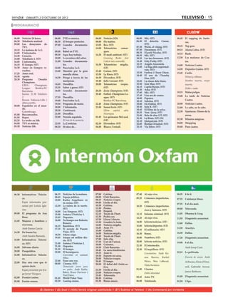 dimarts 2 d’octubre de 2012                                                                                                            televisió 15
PROGRAMACIÓ


06.00	 Noticias 24 horas.            06.00	 TVE es música.             06.00	   Notícies 3/24.               06.00	 Mic. (ST)                   06.45	 El zapping de Surfe-
06.30	 Telediario matinal.           06.30	 El bosque protector.       08.00	   Els matins.                  06.30	 El detectiu Conan.                 ros.
09.00	 Los desayunos de              07.00	 Grandes documenta-         13.05	   Rex. (ST)                           (ST)
       TVE.                                                                                                  07.20	 Wicki, el viking. (ST)      08.15	 Top gear.
                                            les.                       14.00	   Telenotícies       comar-
10.15	 La mañana de La 1.                                                                                    07.50	 Doraemon. (ST)              09.15	 Alerta Cobra. (ST)
                                     09.00	 Babel en TVE.                       ques.                        08.35	 El petit Nicolas. (ST)
14.05	 L’informatiu.                                                                                                                            10.15	 Rush.
14.30	 Corazón.                      09.30	 Aquí hay trabajo.          14.20	   El medi ambient. (ST)        08.55	 Mic. (ST)
                                     10.00	 La aventura del saber.     	        Greening Books: fent         10.35	 Les tres bessones. (ST)     12.30	 Las mañanas de Cua-
15.00	 Telediario 1. (ST)
16.05	 L’informatiu.                 11.00	 Grandes documenta-                  l’edició més sostenible.     11.40	 Erky Perky. (ST)                   tro.
16.15	 El tiempo. (ST)                      les.                       14.30	   Telenotícies migdia.         12.15	 Angela Anaconda.            14.00	 Noticias Cuatro.
16.30	 Amar en tiempos re-           12.00	 Para todos La 2.                    (ST)                         13.00	 La lliga dels supermal-
                                                                                                                    vats. (ST)                  14.50	 Deportes Cuatro. (ST)
       vueltos.                      13.40	 Maratón por la gran        15.40	   Cuines. (ST)
17.25	 Amor real.                                                                                            13.50	 Fanboy i Chum Chum.         15.45	 Castle.
                                            muralla china.             15.50	   La Riera. (ST)               14.40	 El xou de l’Scooby
18.30	 +gente.                       14.30	 Priego a través de las     16.30	   Divendres. (ST)                                                 	      Héroes y villanos.
20.30	 Programa        Desafío                                                                                      Doo. (ST)
                                            mariposas.                 18.20	   Julie Lescaut. (ST)          15.05	 La classe dels titans.      	      Hombre muerto, mujer
       Champions.
                                     14.45	 Docufilia.                 20.00	   Telenotícies       vespre.   15.50	 Iron Man. (ST)                     muerta.
	      UEFA         Champions
                                     15.35	 Saber y ganar. (ST)                 (ST)                         16.15	 Capità Biceps. (ST)
       League:       Benfica-FC                                                                                                                 	      Doble o nada.
                                     16.05	 Grandes documenta-         20.20	   Zona Champions. (ST)         16.30	 Asha. (ST)
       Barcelona.                                                                                                                               18.15	 Malas pulgas.
                                                                                                             17.00	 Mic. (ST)
	      Inclou: 21.30 Telediario             les.                       20.40	   Futbol. Champions Le-
                                                                                                             17.45	 Una mà de contes.           19.00	 La tarde de Noticias
       2.                            17.55	 Docufilia.                          ague. (ST)                   18.00	 Papawa.
	      Resum València-Lille i        19.00	 Para todos La 2.           	        Benfica-FC Barcelona.        18.10	 Sabrina. (ST)                      Cuatro.
       altres partits.               19.30	 Programa de mano.          22.45	   Zona Champions. (ST)         19.00	 Els Dalton. (ST)            20.00	 Noticias Cuatro.
00.00	 Españoles en el mun-                                                                                  19.30	 Info K. (ST)
                                     20.00	 L’informatiu.              23.50	   Sense ficció. (ST)                                              21.00	 Lo sabe, no lo sabe.
       do.                                                                                                   19.45	 El llibre de la selva.
                                     20.30	 Continuarà.                	        Últim capítol, adéu                                             22.30	 Spartacus. Dioses de la
	      Gotemburgo.                                                                                           20.25	 Tom i Jerry. (ST)
01.00	 Buscamundos.                  21.00	 Docufilia.                          Nicaragua.
                                                                                                             21.00	 Bola de drac GT. (ST)              arena.
01.55	 Repor.                        22.00	 Versión española.          01.45	   Les germanes McLeod.
                                                                                                             21.30	 La Riera. (ST) (N)          02.30	 Minutos mágicos.
02.25	 La noche en 24h.              	      El tren de la memoria.              (ST)                         22.10	 Quèquicom. (ST)
04.00	 TVE es música.                23.55	 La 2 noticias.             02.30	   Divendres. (ST)              23.05	 Bestiari il·lustrat. (ST)   04.00	 Shopping
05.30	 Noticias 24h.                 00.20	 50 años de...              04.00	   Blues a l’estudi.            23.35	 Via llibre. (ST)            05.00	 Puro cuatro.




06.30	 Informativos Telecin-         06.15	 Noticias de la mañana.     07.00	   Cafeïna.                     07.40	 Al rojo vivo.               06.55	 8 de 8.
                                     08.45	 Espejo público.            08.00	   Club Banyetes.               09.25	 Crímenes imperfectos.
       co.                                                                                                                                      07.25	 Catalunya blues.	
                                     12.00	 Karlos Arguiñano en        08.15	   Notícies vespre.
	      Espai informatiu pre-                tu cocina. (ST)            09.00	   Lleida al dia.                      (ST)
                                                                                                                                                07.55	 8 al dia matí.
       sentat per Leticia Igle-      12.30	 La ruleta de la suerte.    10.30	   Cafeïna.                     10.30	 Crímenes imperfectos:
                                            (ST)                       11.30	   Promo.                                                          09.00	 Televenda.
       sias.                                                                                                        ricos y famosos. (ST)
                                     14.00	 Los Simpson. (ST)          12.00	   Iloquid.
09.00	 El programa de Ana            15.00	 Antena 3 Noticias 1.       12.15	   Tocats de l’hort.            11.15	 Informe criminal. (ST)      11.05	 Dharma  Greg.
       Rosa.                         15.45	 Deportes.                  12.30	   Podria ser.
                                                                                                             12.25	 Al rojo vivo.               11.50	 Diagnòstic assassinat.
                                     16.00	 Tu tiempo con Roberto      12.50	   Lliure i directe.
12.45	 Mujeres y hombres y                                             13.30	   Gaudeix la festa.            14.00	 laSexta/noticias. (ST)
                                            Brasero.                                                                                            12.40	 Dallas.
       viceversa.                                                      14.00	   Notícies migdia.             15.00	 laSexta/deportes. (ST)
                                     16.15	 Bandolera. (ST)
	      Amb Emma García.              17.15	 El secreto de Puente       14.45	   Aran TV.                                                        13.30	 Arucitys.
                                                                       15.00	   Cafeïna.                     15.35	 El millonario. (ST)
14.30	 De buena ley.                        Viejo. (ST)                                                                                         16.30	 Dallas.
                                                                       16.00	   Notícies migdia.             16.30	 Bones.
                                     18.30	 Ahora caigo.
	      Amb Sandra Barneda.                                             16.45	   Tocats de l’hort.
                                     19.45	 Atrapa un millón dia-                                            18.00	 Numbers. (ST)               17.20	 Diagnòstic assassinat.
15.00	 Informativos Telecin-                                           17.00	   Info clip.
                                            rio. (ST)                                                        20.00	 laSexta noticias. (ST)
                                                                       17.30	   L’art de l’artesà.                                              19.00	 8 al dia.
       co. (ST)                      21.00	 Antena 3 Noticias 2.       18.00	   Cuinetes.
                                     21.30	 Deportes.                                                        21.30	 El intermedio.
16.00	 Sálvame diario.                                                 18.30	   Club Banyetes.                                                  	      Amb Josep Cuní.
                                     21.35	 El tiempo.                 18.45	   La xarxa tendències.         22.30	 El taquillazo. (ST)
20.00	 Pasapalabra.                  22.00	 El hormiguero.                                                                                      22.15	 La pel·lícula.
                                                                       19.15	   Aran tv.                     	      Constantine. Amb Ke-
21.00	 Informativos Telecin-         	      Convidat: el cantant       19.30	   Esports en xarxa.
                                            Mika.                                                                   anu    Reeves,     Rachel   	      Esencia de mujer. Amb
       co.                                                             20.00	   Notícies vespre.
                                     22.40	 Érase una vez.             20.45	   El temps.                           Weisz, Shia LaBeouf,               Al Pacino, Chris O’Don-
22.00	 Hay una cosa que te           00.00	 Cinema. (ST)               20.50	   El debat del Lleida ac-             Tilda Swinton.
       quiero decir.                 	      Demasiado joven para                tiva.                                                                  nell, Gabrielle Anwar,
	      Espai presentat per Jor-             ser padre. Amb Kathy       21.30	   Lleida al dia.               01.00	 Cinema.
                                            Baker, Bruce Davison i     23.00	   Notícies vespre.                                                       James Rebhorn.
       ge Javier Vázquez.                                                                                    	      Doble identidad.
                                            Paul Dano.                 23.45	   Televenda.                                                      01.00	 Diagnòstic assassinat.
02.00	 Premier casino.               01.45	 World Poker Tour.          00.30	   Cafeïna.                     02.45	 Astro TV.
05.00	 Fusión sonora.                02.30	 Ganing casino.             01.30	   Bonus music.                 06.00	 Teletienda.                 01.50	 Clips.


                         (E) Estéreo // (D) Dual // (VOS) Versió original subtitulada // (ST) Subtítol al Teletext // (N) Comentaris per invidents
 