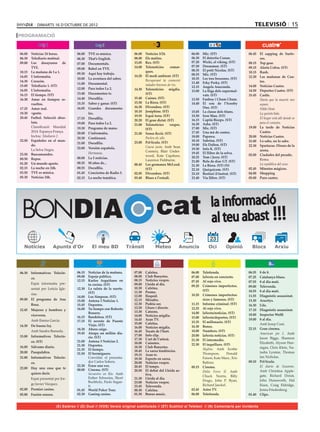 dimarts 16 d’octubre de 2012                                                                                                           televisió 15
PROGRAMACIÓ


06.00	 Noticias 24 horas.            06.00	   TVE es música.           06.00	   Notícies 3/24.             06.00	   Mic. (ST)                   06.45	 El zapping de Surfe-
06.30	 Telediario matinal.           06.30	   That’s English.          08.00	   Els matins.                06.30	   El detectiu Conan.                 ros.
09.00	 Los desayunos de              07.00	   Documentals.             13.05	   Rex. (ST)                  07.20	   Wicki, el viking. (ST)      08.15	 Top gear.
       TVE.                                                            14.00	   Telenotícies      comar-   07.50	   Doraemon. (ST)              09.15	 Alerta Cobra. (ST)
                                     09.00	   Babel en TVE.                                                08.35	   El petit Nicolas. (ST)
10.15	 La mañana de La 1.                                                       ques.                                                           10.15	 Rush.
                                     09.30	   Aquí hay trabajo.                                            08.55	   Mic. (ST)
14.05	 L’informatiu.                                                   14.20	   El medi ambient. (ST)                                           12.30	 Las mañanas de Cua-
                                     10.00	   La aventura del saber.                                       10.35	   Les tres bessones. (ST)
14.30	 Corazón.                                                        	        Recuperant la connexió                                                 tro.
                                     11.00	   Documental.                                                  11.40	   Erky Perky. (ST)
15.00	 Telediario 1. (ST)                                                       nàiades-bavoses de riu.                                         14.00	 Noticias Cuatro.
                                     12.00	   Para todos La 2.                                             12.15	   Angela Anaconda.
16.05	 L’informatiu.                                                   14.30	   Telenotícies migdia.                                            14.50	 Deportes Cuatro. (ST)
                                                                                                           13.00	   La lliga dels supermal-
16.15	 El tiempo. (ST)               13.40	   Documentos tv.                    (ST)                                vats. (ST)                  15.45	 Castle.
16.30	 Amar en tiempos re-           14.40	   Docufilia.               15.40	   Cuines. (ST)               13.50	   Fanboy i Chum Chum.         	      Hasta que la muerte nos
       vueltos.                      15.35	   Saber y ganar. (ST)      15.50	   La Riera. (ST)             14.40	   El xou de l’Scooby                 separe.
17.25	 Amor real.                    16.05	   Grandes documenta-       16.30	   Divendres. (ST)                     Doo. (ST)                   	      Nikki Heat.
                                                                       18.10	   Joséphine. (ST)            15.05	   La classe dels titans.
18.30	 +gente.                                les.                                                                                              	      La quinta bala.
                                                                       19.55	   Espai terra. (ST)          15.50	   Iron Man. (ST)
20.45	 Futbol. Selecció abso-        17.55	   Docufilia.                                                                                        	      El hogar está allí donde se
                                                                       20.20	   El gran dictat. (ST)       16.15	   Capità Biceps. (ST)
       luta.                         19.00	   Para todos La 2.                                             16.30	   Asha. (ST)                         para el corazón.
                                                                       21.00	   Telenotícies     vespre.
	      Classificació Mundial         19.30	   Programa de mano.                                            17.00	   Mic. (ST)                   19.00	 La tarde de Noticias
                                                                                (ST)
       2014: Espanya-França.         20.00	   L’informatiu.                                                17.45	   Una mà de contes.                  Cuatro.
                                                                       21.50	   Sense ficció. (ST)
	      Inclou: Telediario 2.                                                                               18.00	   Papawa.                     20.00	 Noticias Cuatro.
                                     20.30	   Continuarà.              	        Parlen els ulls.
22.50	 Españoles en el mun-                                                                                18.10	   Sabrina. (ST)               21.00	 Lo sabe, no lo sabe.
                                     21.00	   Docufilia.               23.00	   Pel·lícula. (ST)
       do.                                                                                                 19.00	   Els Dalton. (ST)            22.30	 Spartacus. Dioses de la
                                     22.00	   Versión española.        	        Causa justa. Amb Sean
	      La Selva Negra.                                                                                     19.30	   Info K. (ST)                       arena.
                                                                                Connery, Blair Under-
23.50	 Buscamundos.                  	        Hermanas.                                                    19.45	   El llibre de la selva.
                                                                                wood, Kate Capshaw,                                             02.00	 Ciudades del pecado.
                                     00.00	   La 2 noticias.                                               20.25	   Tom i Jerry. (ST)
00.50	 Repor.                                                                   Laurence Fishburne.                                             	      Roma.
                                     00.25	   50 años de...                                                21.00	   Bola de drac GT. (ST)
01.20	 Un mundo aparte.                                                00.45	   Les germanes McLeod.                                            	      La república del sexo.
                                                                                                           21.30	   La Riera. (ST) (N)
02.15	 La noche en 24h.              00.55	   Docufilia.                        (ST)                       22.10	   Quèquicom. (ST)             02.45	 Minutos mágicos.
03.50	 TVE es música.                01.45	   Conciertos de Radio 3.   02.05	   Divendres. (ST)            23.10	   Bestiari il·lustrat. (ST)   04.00	 Shopping
05.30	 Noticias 24h.                 02.15	   La noche temática.       03.40	   Blues a l’estudi.          23.40	   Via llibre. (ST)            05.00	 Puro cuatro.




    BONDIA                                                                             cat                                la informació
                                                                                                                          al teu abast !!!
                                                                                                                         23
                       Apunts d’Or




06.30	 Informativos Telecin-         06.15	 Noticias de la mañana.     07.00	   Cafeïna.                   06.00	   Teletienda.                 06.55	 8 de 8.
                                     09.00	 Espejo público.            08.00	   Club Banyetes.             07.00	   laSexta en concierto.       07.25	 Catalunya blues.	
       co.
                                     12.15	 Karlos Arguiñano en        08.15	   Notícies vespre.           07.45	   Al rojo vivo.               07.55	 8 al dia matí.
	      Espai informatiu pre-                tu cocina. (ST)            09.00	   Lleida al dia.             09.20	   Crímenes imperfectos.       09.00	 Televenda.
       sentat per Leticia Igle-      12.30	 La ruleta de la suerte.    10.30	   Cafeïna.
                                                                       11.30	   Promo.                              (ST)                        10.55	 8 al dia matí.
       sias.                                (ST)
                                                                       12.00	   Iloquid.                   10.20	   Crímenes imperfectos:       11.55	 Diagnòstic assassinat.
                                     14.00	 Los Simpson. (ST)
09.00	 El programa de Ana            15.00	 Antena 3 Noticias 1.       12.15	   Mirades.                            ricos y famosos. (ST)       13.30	 Arucitys.
       Rosa.                         15.45	 Deportes.                  12.30	   Podria ser.                11.15	   Informe criminal. (ST)      16.30	 Life.
                                     16.00	 Tu tiempo con Roberto      12.50	   Lliure i directe.          12.25	   Al rojo vivo.
12.45	 Mujeres y hombres y                                             13.30	   Catsons.                                                        17.10	 Diagnòstic assassinat.
                                            Brasero.                                                       14.00	   laSexta/noticias. (ST)      18.00	 Inspector Wolff.
       viceversa.                                                      14.00	   Notícies migdia.
                                     16.15	 Bandolera. (ST)                                                15.00	   laSexta/deportes. (ST)
	      Amb Emma García.              17.15	 El secreto de Puente       14.45	   Aran TV.                                                        19.00	 8 al dia.
                                                                       15.00	   Cafeïna.                   15.35	   El millonario. (ST)
14.30	 De buena ley.                        Viejo. (ST)                                                                                         	      Amb Josep Cuní.
                                                                       16.00	   Notícies migdia.           16.30	   Bones.
                                     18.30	 Ahora caigo.                                                                                        22.15	 Gran cinema.
	      Amb Sandra Barneda.                                             16.45	   Tocats de l’hort.          18.00	   Numbers. (ST)
                                     19.45	 Atrapa un millón dia-                                                                               	      American pie 2. Amb
15.00	 Informativos Telecin-                                           17.00	   Info clip.                 20.00	   laSexta noticias. (ST)
                                            rio. (ST)                                                                                                  Jason Biggs, Shannon
                                                                       17.30	   L’art de l’artesà.         21.30	   El intermedio.
       co. (ST)                      21.00	 Antena 3 Noticias 2.       18.00	   Cuinetes.                                                              Elizabeth, Alyson Han-
                                     21.30	 Deportes.                                                      22.30	   El taquillazo. (ST)
16.00	 Sálvame diario.                                                 18.30	   Club Banyetes.                                                         nigan, Chris Klein, Na-
                                     21.35	 El tiempo.                                                     	        Skyline. Amb Scottie
20.00	 Pasapalabra.                                                    18.45	   La xarxa tendències.                                                   tasha Lyonne, Thomas
                                     21.50	 El hormiguero.             19.15	   Aran tv.                            Thompson,        Donald
21.00	 Informativos Telecin-         	      Convidat: el presenta-                                                  Faison, Kate Mara , Eric           Ian Nicholas.
                                                                       19.30	   Esports en xarxa.
       co.                                  dor Carlos Sobera.         20.00	   Notícies vespre.                    Balfour.                    00.10	 Pel·lícula.
                                     22.30	 Érase una vez.             20.45	   El temps.                  00.15	   Cinema.                     	      El diario de Suzanne.
22.00	 Hay una cosa que te           00.00	 Cinema. (ST)               20.50	   El debat del Lleida ac-    	        Delta Force II. Amb                Amb Christina Apple-
       quiero decir.                 	      Secuestro en Río. Amb               tiva.                               Chuck Norris, Billy                gate, Richard Donat,
	      Espai presentat per Jor-             Esther Schweins, Short     21.30	   Lleida al dia.
                                            Buchholz, Paolo Segan-                                                  Drago, John P. Ryan,               John Dunsworth, Hal
       ge Javier Vázquez.                                              23.00	   Notícies vespre.
                                            ti.                        23.45	   Televenda.                          Richard Jaeckel.                   Eisen, Craig Eldridge,
02.00	 Premier casino.               01.45	 World Poker Tour.          00.30	   Cafeïna.                   02.45	   Astro TV.                          Jenna Friedenberg.
05.00	 Fusión sonora.                02.30	 Ganing casino.             01.30	   Bonus music.               06.00	   Teletienda.                 01.40	 Clips.


                         (E) Estéreo // (D) Dual // (VOS) Versió original subtitulada // (ST) Subtítol al Teletext // (N) Comentaris per invidents
 