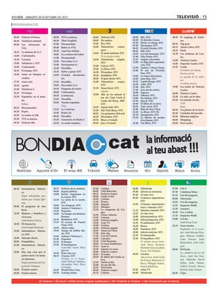 dimarts 30 d’octubre de 2012                                                                                                           televisió 15
PROGRAMACIÓ


06.00	 Noticias 24 horas.            06.00	   TVE es música.           06.00	   Notícies 3/24.              06.00	   Mic. (ST)                  06.45	 El zapping de Surfe-
06.30	 Telediario matinal.           06.30	   That’s English.          08.00	   Els matins.                 06.30	   El detectiu Conan.                ros.
                                                                       13.05	   Rex. (ST)                   07.20	   Wicki, el viking. (ST)     08.15	 Top gear.
09.00	 Los       desayunos   de      07.00	   Documentals.
                                                                                                            07.50	   Doraemon. (ST)
                                     09.00	   Babel en TVE.            14.00	   Telenotícies      comar-                                        09.15	 Alerta Cobra. (ST)
       TVE.                                                                                                 08.35	   El petit Nicolas. (ST)
                                     09.30	   Aquí hay trabajo.                 ques.                       08.55	   Mic. (ST)                  10.15	 Rush.
10.15	 La mañana de La 1.                                              14.20	   El medi ambient. (ST)
                                     10.00	   La aventura del saber.                                        10.35	   Les tres bessones. (ST)    12.30	 Las mañanas de Cua-
14.00	 L’informatiu.                                                   	        De la granja a taula.       11.40	   Erky Perky. (ST)
                                     11.00	   Documentals.                                                                                             tro.
14.30	 Corazón.                                                        14.30	   Telenotícies migdia.        12.15	   Angela Anaconda.           14.00	 Noticias Cuatro.
                                     12.00	   Para todos La 2.                                              13.00	   La lliga dels supermal-
15.00	 Telediario 1. (ST)                                                       (ST)                                                            14.50	 Deportes Cuatro. (ST)
                                     13.40	   Documentos tv.           15.40	   Cuines. (ST)                         vats. (ST)
16.05	 L’informatiu.                 14.40	   Docufilia.                                                    13.50	   Fanboy i Chum Chum.        15.45	 Castle.
                                                                       15.50	   La Riera. (ST)
16.15	 El tiempo. (ST)                                                                                      14.40	   El xou de l’Scooby         	      Cortadores de cabezas.
                                     15.35	   Saber y ganar. (ST)      16.30	   Divendres. (ST)
16.30	 Amar en tiempos re-                                                                                           Doo. (ST)                  	      Piscina mortal.
                                     16.05	   Grandes documenta-       18.10	   Joséphine. (ST)             15.05	   La classe dels titans.     	      La guarida de los ladro-
       vueltos.                               les.                     20.20	   El gran dictat. (ST)        15.50	   Iron Man. (ST)
                                                                                                                                                       nes.
17.25	 Amor real.                    17.55	   Docufilia.               21.00	   Telenotícies      vespre.   16.15	   Capità Biceps. (ST)
                                                                                                            16.30	   Asha. (ST)                 	      La niñera muerta.
18.30	 +gente.                       19.00	   Para todos La 2.                  (ST)
                                                                                                            17.00	   Mic. (ST)                  19.00	 Las tardes de Noticias
21.00	 Telediario 2.                 19.30	   Programa de mano.        21.50	   Sense ficció. (ST)
                                                                                                            17.45	   Una mà de contes.                 Cuatro.
                                     20.00	   L’informatiu.            	        Yayoma.
22.15	 El tiempo.                                                                                           18.00	   Papawa.                    20.00	 Noticias Cuatro.
                                     20.30	   Continuarà.              23.00	   Mai no ha mancat el         18.10	   Sabrina. (ST)
22.30	 Españoles en el mun-                                                     teu alè. Lluís Llach al                                         21.00	 Lo sabe, no lo sabe.
                                     21.00	   Docufilia.                                                    19.00	   Els Dalton. (ST)
       do.                                                                      Camp del Barça, 1985.       19.30	   Info K. (ST)               22.30	 Un mundo sin fin.
                                     22.00	   Versión española.                                             19.45	   El llibre de la selva.     	      Al fil.
	      Dallas.                                                                  (ST)
                                     	        Total.                                                        20.25	   Tom i Jerry. (ST)          	      Jaque.
00.25	 Buscamundos.                                                    23.35	   Esport club. (ST)
                                     23.25	   La 2 noticias.           23.50	   Hat Trick Barça. (ST)       21.00	   Bola de drac Z Kai.        00.30	 Los pilares de la tierra
01.20	 Repor.                                                                                               21.30	   La Riera. (ST) (N)
                                     23.50	   Redes 2.0.               00.55	   Les germanes McLeod.                                            02.30	 Ciudades del pecado.
01.50	 La noche en 24h.                                                                                     22.10	   Quèquicom. (ST)
                                     00.20	   Docufilia.               02.20	   Divendres. (ST)                                                 02.45	 Minutos mágicos.
                                                                                                            23.10	   La fàbrica de menjar
03.30	 TVE es música.                01.20	   Conciertos de Radio 3.   03.55	   Blues a l’estudi.                                               04.00	 Shopping
                                                                                                                     d’en Jimmy. (ST)
05.30	 Noticias 24h.                 01.50	   La noche temática.       05.45	   Jazz a l’estudi.            23.40	   Via llibre. (ST)           05.00	 Puro cuatro.




    BONDIA                                                                             cat                                la informació
                                                                                                                          al teu abast !!!
                                                                                                                          23
                       Apunts d’Or




06.30	 Informativos Telecin-         06.15	 Noticias de la mañana.     07.00	   Cafeïna.                    06.00	   Teletienda.                07.00	 8 de 8.
       co.                           09.00	 Espejo público.            08.00	   Club Banyetes.              07.00	   laSexta en concierto.      07.30	 Catalunya blues.	
                                     12.00	 Karlos Arguiñano en        08.15	   Notícies vespre.            07.45	   Al rojo vivo.
	      Espai informatiu pre-                                           09.00	   Lleida al dia.                                                  07.55	 8 al dia magazin.
                                            tu cocina. (ST)                                                 09.20	   Crímenes imperfectos.
       sentat per Leticia Igle-      12.30	 La ruleta de la suerte.    10.30	   Cafeïna.                                                        09.00	 Televenda.
                                                                       11.30	   Promo.                               (ST)                       10.55	 8 al dia magazin.
       sias.                                (ST)
                                                                       12.00	   Iloquid.                    10.20	   Crímenes imperfectos:
09.00	 El programa de Ana            14.00	 Los Simpson. (ST)                                                                                   11.55	 Inspector Wolff.
                                                                       12.15	   Mirades.                             ricos y famosos. (ST)
                                     15.00	 Antena 3 Noticias 1.                                                                                13.30	 Arucitys.
       Rosa.                                                           12.30	   La conquesta de l’ai-       11.15	   Informe criminal. (ST)
                                     15.45	 Deportes.                                                                                           16.30	 Ley y orden.
12.45	 Mujeres y hombres y                                                      gua.
                                     16.00	 Tu tiempo con Roberto                                           12.25	   Al rojo vivo.
                                                                       12.50	   Lliure i directe.                                               17.10	 Inspector Wolff.
       viceversa.                           Brasero.                   13.30	   Catsons.                    14.00	   laSexta/noticias. (ST)
                                     16.15	 Bandolera. (ST)            14.00	   Notícies migdia.            15.00	   laSexta/deportes. (ST)     19.00	 8 al dia.
	      Amb Emma García.
                                     17.15	 El secreto de Puente       14.45	   Aran TV.                    15.35	   El millonario. (ST)        	      Amb Josep Cuní.
14.30	 De buena ley.                        Viejo. (ST)                15.00	   Cafeïna.                    16.30	   Bones.                     22.15	 Gran cinema.
	      Amb Sandra Barneda.           18.30	 Ahora caigo.               16.00	   Notícies migdia.            18.00	   Numbers. (ST)              	      Resplandor en la oscuri-
15.00	 Informativos Telecin-         19.45	 Atrapa un millón dia-      16.45	   Tocats de l’hort.
                                                                       17.00	   Info clip.                  20.00	   laSexta noticias. (ST)            dad. Amb Michael Dou-
       co. (ST)                             rio. (ST)
                                     21.00	 Antena 3 Noticias 2.       17.30	   L’art de l’artesà.          21.30	   El intermedio.                    glas, Melanie Griffith,
16.00	 Sálvame diario.               21.30	 Deportes.                  18.00	   Cuinetes.                   22.30	   El taquillazo. (ST)               Liam Neeson, Joely
20.00	 Pasapalabra.                  21.35	 El tiempo.                 18.30	   Club Banyetes.              	        El mañana nunca muere.
                                                                       18.45	   La xarxa tendències.                                                   Richardson, John Giel-
21.00	 Informativos Telecin-         21.50	 El hormiguero.                                                           Amb Pierce Brosnan,
                                                                       19.15	   Aran tv.                                                               gud.
       co.                           	      Convidat: l’actor Maxi                                                   Michelle Yeoh, Jonathan
                                                                       19.30	   Esports en xarxa.                                               00.50	 Pel·lícula.
                                            Iglesias.                                                                Pryce, Teri Hatcher.
22.00	 Hay una cosa que te                                             20.00	   Notícies vespre.                                                	      Los caballeros del sur del
                                     22.30	 Érase una vez.                                                  00.50	   Cinema.
       quiero decir. Las mejo-                                         20.45	   El temps.
                                     00.15	 Cinema. (ST)               20.50	   El debat del Lleida ac-                                                Bronx. Amb Ted Dan-
                                                                                                            	        Alta tensión. Amb Cécile
       res historias.                	      Perdidos en el bosque.              tiva.                                                                  son, Malcolm David
                                                                                                                     De France, Maïwenn Le
	      Espai presentat per Jor-             Amb Michael Madsen,        21.30	   Lleida al dia.                       Besco, Philippe Nahon,            Kelley, Keke Palmer,
                                            Alexandra Paul, Elyse      23.00	   Al cap del dia.
       ge Javier Vázquez.                   Levesque.                                                                Franck Khalfoun.                  Clifton Powell, Devon
                                                                       23.55	   Televenda.
02.00	 Premier casino.               01.45	 World Poker Tour.          00.30	   Notícies vespre.            02.45	   Astro TV.                         Bostick, Kate Vernon.
05.00	 Fusión sonora.                02.30	 Ganing casino.             01.15	   Cafeïna.                    06.00	   Teletienda.                02.20	 Clips.


                         (E) Estéreo // (D) Dual // (VOS) Versió original subtitulada // (ST) Subtítol al Teletext // (N) Comentaris per invidents
 