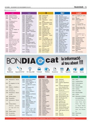 divendres 9 de novembre de 2012                                                                                                      televisió 15
PROGRAMACIÓ


06.00	 Noticias 24 horas.            06.00	   TVE es música.           06.00	   Notícies 3/24.             06.00	   Mic. (ST)                 06.45	 El zapping de Surfe-
06.30	 Telediario matinal.           06.30	   That’s English.          08.00	   Els matins.                06.30	   El detectiu Conan.               ros.
09.00	 Los desayunos de              07.00	   Armagedon animal.        13.05	   Rex. (ST)                  07.20	   Wickie, el viking. (ST)   08.15	 Top gear.
                                     08.00	   Documental.                                                  07.45	   Doraemon. (ST)            09.15	 Alerta Cobra. (ST)
       TVE.                                                            14.00	   Telenotícies      comar-
                                     09.00	   Pueblo de Dios.                                              08.40	   El petit Nicolas. (ST)    	      Fuego cruzado.
10.15	 La mañana de La 1.            09.30	   Aquí hay trabajo.                 ques.
                                                                                                           08.55	   Mic. (ST)                 	      La sombra.
14.00	 L’informatiu.                 10.05	   UNED.                    14.20	   El medi ambient. (ST)
                                                                                                           10.35	   Les tres bessones. (ST)   	      En la línea de fuego.
14.30	 Corazón.                      11.00	   Documentals.             14.30	   Telenotícies migdia.       11.30	   Animalades al corral.     12.30	 Las mañanas de Cua-
15.00	 Telediario.                   12.00	   Para todos La 2.                  (ST)                       12.20	   Angela Anaconda.                 tro.
16.05	 L’informatiu.                 13.45	   En portada.              15.40	   Cuines. (ST)               13.00	   La lliga dels supermal-
                                     14.30	   Zoom net.                                                                                       14.00	 Noticias Cuatro. (ST)
16.15	 El tiempo.                                                      15.50	   La Riera. (ST) (N)                  vats. (ST)                14.50	 Deportes Cuatro. (ST)
                                     14.45	   Docufilia.                                                   13.50	   Fanboy i Chum Chum.
16.30	 Amar en tiempos re-                                             16.30	   Divendres. (ST)                                               15.45	 Castle.
                                     15.35	   Saber y ganar. (ST)                                          14.40	   Què hi ha, Scooby
       vueltos.                      16.05	   Grandes documenta-       18.15	   Joséphine. (ST)                                               	      El duelo.
17.25	 Amores verdaderos.                                              19.55	   Espai terra. (ST)                   Doo? (ST)
                                              les.                                                                                            	      KO.
                                                                                                           15.05	   La classe dels titans.
18.30	 +gente.                       18.00	   Jara y sedal.            20.20	   El gran dictat. (ST)                                          	      Si me engañas una vez...
                                                                                                           15.45	   Iron Man. (ST)
21.00	 Telediario 2.                 18.30	   El escarabajo verde.     21.00	   Telenotícies     vespre.                                      	      Cuando la rama se
                                                                                                           16.15	   Capità Bíceps. (ST)
22.15	 El tiempo.                    19.00	   La casa encendida.                (ST)                                                                 rompe.
                                     19.30	   La sala.                                                     16.30	   Asha. (ST)
22.30	 Cinema.                                                         21.50	   Zona zàping.               17.00	   Mic. (ST)                 19.00	 Las tardes de Cuatro.
                                     20.00	   L’informatiu.                                                                                   20.00	 Noticias Cuatro.
	      Seguridad nacional. Amb                                         22.15	   La gran pel·lícula. (ST)   17.45	   Una mà de contes.
                                     20.30	   Gent de paraula.                                                                                21.00	 Deportes Cuatro.
       Martin Lawrence, Steve        21.00	   Docufilia.               	        88 minuts. Amb Al Pa-      18.10	   Sabrina. (ST)
       Zahn, Colm Feore, Bill                                                                              19.00	   Els Dalton. (ST)          21.30	 Lo sabe, no lo sabe.
                                     21.50	   Gomaespumenglish.                 cino, Alicia Witt, Amy
                                                                                                           19.30	   Info K. (ST)              22.30	 Supernanny.
       Duke, Eric Roberts.           21.55	   La suerte en tus ma-              Brenneman, Leelee So-
                                                                                                           19.45	   El llibre de la selva.    23.30	 Callejeros.
23.55	 Stamos Okupa2.                         nos.                              bieski, Ben McKenzie.
                                     22.15	   El documental de La 2.                                       20.20	   Tom i Jerry. (ST)         	      Paso hambre.
00.45	 Cinema.                                                         00.15	   Pel·lícula. (ST)
                                     	        Teatro chino Manolita                                        21.00	   Bola de drac Z Kai.       00.15	 Diario de...
	      Maquillaje hostil.                                              	        Good.                                                         02.15	 Bagdad. El imperio de
                                              Chen.                                                        21.30	   La Riera. (ST) (N)
02.10	 La noche en 24 h.                                               01.50	   Divendres. (ST)            22.10	   Odissees. (ST)                   los sentidos.
                                     23.15	   Cinema.
03.45	 TVE es música.                	        El método.               03.20	   Blues a l’estudi.          22.40	   Thalassa. (ST)            03.30	 NBA.
05.30	 Noticias 24 h.                01.05	   Docufilia.               05.20	   Jazz a l’estudi.           23.30	   Amb filosifia. (ST)       	      New York-Dallas.




    BONDIA                                                                             cat                                 la informació
                                                                                                                           al teu abast !!!
                                                                                                                           23
                       Apunts d’Or




06.30	 Informativos Telecin-         06.00	 Noticias de la mañana.     07.00	   Bonus music.               06.00	 Teletienda.                 07.00	 8 de 8.
                                     09.00	 Espejo público.            08.00	   Club Banyetes.             07.40	 Al rojo vivo.
       co.                                                                                                                                    07.30	 Catalunya blues.
                                     12.00	 Karlos Arguiñano en        08.15	   Notícies vespre.
                                                                                                           09.25	 Crímenes imperfectos.
08.55	 El programa de Ana                   tu cocina. (ST)            09.00	   Lleida al dia.                                                08.00	 8 al dia magazin.
                                                                       10.30	   Cafeïna.                            (ST)
       Rosa.                         12.30	 La ruleta de la suerte.                                                                           09.00	 Televenda.
                                            (ST)                       11.30	   Cuinetes.                  10.20	 Crímenes imperfectos:
12.45	 Mujeres y hombres y                                             12.00	   Aventura’t.                         ricos y famosos. (ST)     11.50	 Inspector Wolff.
                                     14.00	 Los Simpson. (ST)
                                                                       12.30	   Fórmula pi.
       viceversa.                    	      Bartir de cero.                                                11.15	 Informe criminal. (ST)      13.30	 Arucitys.
                                                                       13.00	   Va de castells.
                                     	      Homer el bailón.           13.30	   Gaudeix la festa.          12.30	 Al rojo vivo.
14.30	 De buena ley.                                                                                                                          16.30	 Ley y orden.
                                     15.00	 Antena 3 Noticias 1.       14.00	   Notícies migdia.           	        Espai presentat per An-
15.00	 Informativos Telecin-         15.40	 Deportes.                  14.45	   Aran tv.                                                      17.10	 Inspector Wolff.
                                                                                                                    tonio G. Ferreras.
                                     15.50	 Tu tiempo con Roberto      15.00	   Cafeïna.
       co. (ST)                                                                                            14.00	 laSexta/noticias. (ST)      19.00	 8 al dia.
                                            Brasero.                   16.00	   Notícies migdia.
16.00	 Sálvame diario.               16.15	 Bandolera. (ST)            16.30	   Mirades.                   15.00	 laSexta deportes. (ST)      23.00	 Holocausto: la historia
20.00	 Pasapalabra.                  17.15	 El secreto de Puente       17.00	   Univers.                   15.35	 El millonario. (ST)                de la familia Weiss.
                                            Viejo. (ST)                17.30	   Fanzivid.                  16.30	 Bones. (ST)
21.00	 Informativos Telecin-         18.30	 Ahora caigo.               18.00	   Catsons.                                                      	      Amb Fritz Weaver, Ro-
                                                                       18.30	   Club Banyetes.             18.00	 Numbers. (ST)
       co.                           19.45	 Atrapa un millón. (ST)                                                                                   semay Harris, James
                                                                       18.45	   Escenaris.                 18.55	 Más vale tarde.
                                     21.00	 Antena 3 Noticias 2.
22.00	 Sálvame deluxe.                                                 19.15	   Aran tv.                   20.00	 laSexta noticias. (ST)             Woods,      Meryl   Stre-
                                     21.30	 Deportes.
                                                                       19.30	   Esports en xarxa.
	      Talk-show       presentat     21.35	 El tiempo.                                                     21.00	 laSexta deportes.                  ep, JOseph Bottoms,
                                                                       20.00	   Notícies vespre.
                                     22.00	 Cinema.                                                        21.30	 #laSexta columna. (ST)             Michael Moriarty, Ian
       per Jorge Javier Váz-                                           20.45	   El temps.
                                     	      Señales del futuro. Amb    20.50	   Territori Catalunya.       22.20	 El club de la comedia.
       quez.                                Nicolas Cage, Rose                                                                                       Holm, Sam Wanama-
                                                                       21.00	   Socarrats.                 01.00	 1.000 maneras de mo-
02.00	 Premier casino.                      Byrne, Ben Mendelson.      21.30	   Lleida al dia.                                                       ker.
                                     00.15	 Equipo de investiga-                                                    rir.
                                                                       23.00	   Notícies vespre.
05.00	 En concierto.                        ción.                                                          02.00	 Astro TV.                   00.40	 Prison break.
                                                                       23.45	   Televenda.
05.15	 Fusión sonora.                02.30	 Ganing casino.             00.30	   Cafeïna.                   06.00	 Teletienda.                 01.20	 Clips.


                         (E) Estéreo // (D) Dual // (VOS) Versió original subtitulada // (ST) Subtítol al Teletext // (N) Comentaris per invidents
 
