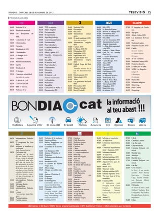 dimecres 28 de novembre de 2012                                                                                                        televisió 15
PROGRAMACIÓ


06.00	 Noticias 24 h.                  06.00	   TVE es música.           06.00	   Notícies 3/24.             06.00	   Mic. (ST)                 07.00	 El zapping de Surfe-
                                       06.30	   That’s English.          08.00	   Els matins.                06.30	   El detectiu Conan.               ros.
06.30	 Telediario matinal.
                                       07.00	   Documentals.             13.05	   Rex. (ST)                  07.20	   Wickie, el viking. (ST)
                                                                                                                                                08.30	 Top gear.
09.00	 Los     desayunos        de                                       14.00	   Telenotícies      comar-   07.50	   Doraemon. (ST)
                                       09.00	   El exportador.                                               08.35	   El petit Nicolas. (ST)    09.30	 Alerta Cobra. (ST)
       TVE.                                                                       ques.
                                       09.30	   Aquí hay trabajo.        14.20	   El medi ambient. (ST)      08.55	   Mic. (ST)                 12.30	 Las mañanas de Cua-
10.15	 La mañana de La 1.              10.00	   La aventura del saber.   	        Arròs més ecològic.        10.35	   Les tres bessones. (ST)          tro.
                                       11.00	   Documentals.             14.30	   Telenotícies migdia.       11.25	   Animalades al corral.
14.00	 L’informatiu.                                                                                                                            14.00	 Noticias Cuatro.
                                       12.00	   Para todos La 2.                  (ST)                       12.20	   Angela Anaconda.
14.30	 Corazón.                                                                                              13.00	   La lliga dels supermal-   14.50	 Deportes Cuatro. (ST)
                                       13.45	   La noche temática.       15.40	   Cuines. (ST)
                                                                         15.50	   La Riera. (ST) (N)                  vats. (ST)                15.45	 Castle.
15.00	 Telediario 1. (ST)              14.40	   Docufilia.
                                                                         16.30	   Divendres. (ST)            13.50	   Fanboy i Chum Chum.       	      El tercer hombre.
16.05	 L’informatiu.                   15.35	   Saber y ganar. (ST)                                          14.40	   Què hi ha, Scooby
                                                                         18.15	   Joséphine. (ST)                                               	      La niñera muerta.
                                       16.05	   Grandes documenta-                                                    Doo? (ST)
16.15	 El tiempo. (ST)                                                   19.55	   Espai terra. (ST)                                             	      El tesoro.
                                                les. (ST)                                                    15.05	   La classe dels titans.
                                                                         20.20	   El gran dictat. (ST)
16.30	 La señora.                                                                                            15.50	   Iron Man. (ST)            18.15	 Te vas a enterar.
                                       18.00	   Docufilia.               21.00	   Telenotícies     vespre.
17.45	 Amores verdaderos.                                                                                    16.15	   Capità Bíceps. (ST)       20.00	 Noticias Cuatro. (ST)
                                       19.00	   El arca de Noé.                   (ST)
                                                                                                             16.30	   Asha. (ST)
18.30	 +gente.                                                           21.25	   Futbol. Copa del Rei.                                         21.00	 Deportes Cuatro.
                                       19.30	   Para todos La 2.                                             17.00	   Mic. (ST)
                                                                                  (ST)                       17.55	   Papawa. (ST)              21.30	 Lo sabe, no lo sabe.
21.00	 Telediario 2.                   20.00	   L’informatiu.
                                                                         	        Tornada setzens de fi-     18.10	   Sabrina. (ST)             22.30	 NCIS: Los Angeles.
                                       20.30	   Moments.                          nal: FC Barcelona-Ala-
22.15	 El tiempo.                                                                                            19.00	   Els Daltons. (ST)         	      Lange, H.
                                       21.00	   Docufilia.                        bés.                       19.30	   Info K. (ST)
22.30	 Comando actualidad.             22.00	   El cine de La 2.         23.30	   Efectivament. (ST)                                            	      Ciberataque.
                                                                                                             19.45	   El llibre de la selva.
	      Sin billete de vuelta.          	        Palabras encadenadas.    00.35	   Valor afegit. (ST)         20.25	   Tom i Jerry. (ST)         	      Ocultación.
                                       23.30	   La 2 noticias.           01.05	   Tr3sc.                     21.00	   Bola de drac Z Kai.       01.00	 Hawai 5.0.
00.20	 El debat de La 1.
                                                                         01.15	   Les germanes McLeod.       21.30	   La Riera. (ST) (N)        02.30	 Minutos mágicos.
                                       00.00	   Wallander.
02.10	 La noche en 24h.                                                           (ST)                       22.10	   Valor afegit. (ST)
                                       01.30	   Docufilia.                                                                                      04.00	 Shopping.
03.40	 TVE es música.                                                    01.55	   Divendres. (ST)            22.45	   Singulars. (ST)
                                       02.25	   Conciertos de Radio 3.   03.30	   Blues a l’estudi.          23.40	   Quarts de nou.            05.00	 Puro Cuatro.
05.30	 Noticias 24 h.                  02.55	   Documentos TV.           05.20	   Jazz a l’estudi.           00.30	   60 minuts. (ST)           06.15	 Shopping.




    BONDIA                                                                               cat                               la informació
                                                                                                                           al teu abast !!!
                                                                                                                          23
                        Apunts d’Or




06.30	 Informativos Telecin-           06.15	 Noticias de la mañana.     07.00	   Cafeïna.                   06.00	 laSexta en concierto.       07.00	   8 de 8.
       co.                             09.00	 Espejo público.            08.00	   Club Banyetes.             07.45	 Al rojo vivo.               07.30	   Catalunya blues.
08.55	 El programa de Ana              12.15	 Karlos Arguiñano en        08.15	   Notícies vespre.           09.25	 Crímenes imperfectos.       08.00	   8 al dia matí.
       Rosa.                                  tu cocina. (ST)            09.00	   Lleida al dia.
                                                                                                                    (ST)                        09.00	   Clips musicals.
12.45	 Mujeres y hombres y             12.45	 La ruleta de la suerte.    10.30	   Cafeïna.
       viceversa.                                                        11.30	   7 dies.                    10.20	 Crímenes imperfectos:       11.10	   Colonia, brigada cri-
                                              (ST)
	      Amb Emma García.                                                  12.30	   L’última troballa.                ricos y famosos. (ST)                minal.
                                       14.00	 Los Simpson. (ST)
14.30	 De buena ley.                   15.00	 Antena 3 Noticias 1.       13.00	   La xarxa tendències.       11.15	 Informe criminal.           12.40	   Martial law.
	      Després de la mort              15.45	 Deportes.                  13.30	   Info clip.                 12.30	 Al rojo vivo.
       del seu home, la mare                                                                                                                    13.30	   Arucitys.
                                       16.00	 Tu tiempo con Roberto      14.00	   Notícies migdia.           14.00	 laSexta/noticias. (ST)
       d’Ana i Lena es refugià                                           14.45	   Aran TV.                                                      16.30	   Martial law.
       en l’alcohol, una situ-                Brasero.                                                       15.00	 laSexta/deportes. (ST)
                                                                         15.00	   Cafeïna.                                                      17.10	   Colonia, brigada cri-
       ació que va portar les          16.15	 Bandolera. (ST)                                                15.35	 Alguien tenía que de-
                                       17.15	 El secreto de Puente       16.00	   Notícies migdia.                                                       minal.
       dos germanes a pactar                                             16.50	   El debat del Lleida ac-           cirlo. (ST)
       fer-se càrrec de la cura               Viejo. (ST)                                                                                       18.50	   8 al dia.
                                                                                  tiva.                      16.30	 Bones. (ST)
       de la seva mare en me-          18.30	 Ahora caigo.                                                                                      22.15	   Gran cinema.
                                                                         17.30	   Socarrats.                 18.00	 Más vale tarde.
       sos alterns. Ara, Ana ha        19.45	 Atrapa un millón dia-                                                                             	        La Tess i el seu guarda-
                                                                         18.00	   Família i escola.          20.00	 laSexta noticias. (ST)
       canviat d’opinió i no vol              rio.                                                                                                       espatlles. Amb Shirley
                                                                         18.30	   Club Banyetes.             21.00	 laSexta deportes. (ST)
       a la seva mare a casa i         21.00	 Antena 3 Noticias 2.       18.45	   Caminant           per                                                 MacLaine,        Nicolas
       vol que s’encarregui la         21.30	 Deportes.                                                      21.30	 The very best of El in-
                                                                                  Catalunya.                                                             Cage, Austin Pendle-
       seva germana.                   21.35	 El tiempo.                                                            termedio.
                                                                         19.15	   Aran tv.
15.00	 Informativos Telecin-           22.05	 El hormiguero.                                                 22.25	 Cinema. (ST)                         ton, Edward Albert,
       co. (ST)                                                          19.30	   Esports en xarxa.
                                       	      Convidats: Javier Cá-      20.00	   Notícies vespre.           	      El diplomático. Amb                  James Rebhorn.
16.00	 Sálvame diario.                        mara i Candela Peña.       20.45	   El temps.                         Dougray Scott, Claire       00.00	   Pel·lícula.
20.00	 Pasapalabra.
                                       22.30	 Downton Abbey. (ST)        20.50	   Mirades.                                                      	        44 minuts de pànic. Amb
21.00	 Informativos Telecin-                                                                                        Forlani,        Richard
                                       23.45	 Cinema.                    21.00	   Amb gust de mercat.
       co.                                                                                                          Roxburgh,       Yeremy               Michael Madsen, Ron
22.00	 La voz.                         	      La reina victoria. Amb     21.30	   Lleida al dia.
                                              Emily Blunt, Paul Bet-                                                Lindsay Taylor, Rachael              Livingston, Ray Baker,
	      Presentat per Jesús Váz-                                          23.00	   Al cap del dia.
                                              tany, Mark Strong i Mi-    23.55	   Televenda.                        Blake.                               Douglas Spain, Andrew
       quez.
02.00	 Premier casino.                        randa Richardson.          00.30	   Notícies vespre.           02.00	 Astro TV.                            Bryniarski.
05.00	 Fusión sonora.                  02.00	 Ganing casino.             01.15	   Cafeïna.                   06.00	 Teletienda.                 01.20	   Clips.


                           (E) Estéreo // (D) Dual // (VOS) Versió original subtitulada // (ST) Subtítol al Teletext // (N) Comentaris per invidents
 