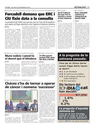 dilluns 10 DE desembre DE 2012                                                                                                              actualitat 11
 reclama que per ara no es faci públic el dia del referèndum                                                            televisió                          economia


Forcadell demana que ERC i
                                                                                                                       Acció Cultural                     Banc Sabadell
                                                                                                                       diu que TV3 es                     culmina la
                                                                                                                       tornarà a veure                    integració de
CiU fixin data a la consulta                                                                                           al País Valencià
                                                                                                                        agències
                                                                                                                                                          Banco CAM
                                                                                                                                                           agències

La president de l’ANC creu que per ara no l’han de fer pública i                                                        barcelona                          sabadell

                                                                                                                       “TV3 es veurà segur al País        Banc Sabadell a culminar
que abans cal lligar qüestions com l’agència tributària catalana                                                       Valencià, és una qüestió de        ahir la integració operativa i
 agències                            de Catalunya Informació on                   va per tal d’evitar “mostrar les     temps”, va dir el coordina-        tecnològica de Banco CAM.
 barcelona
                                     també ha encoratjat als docents              cartes” massa aviat.                 dor d’Acció Cultural, Toni         El grup bancari resultant de
La presidenta de l’Assemblea         i a la Generalitat a desobeir la                Per a Forcadell, s’ha de re-      Gisbert, en declaracions a         l’operació supera els 164.000
Nacional Catalana (ANC),             reforma de llei educativa pre-               soldre abans qüestions com           Catalunya Ràdio. Gisbert           milions d’euros en volum
Carme Forcadell, reclama a           sentada pel ministre Wert si                 disposar d’una agència tribu-        va explicar que l’entitat pre-     d’actius i suma més de 1.800
CiU i ERC que acordin en un          aquesta atempta contra l’ense-               tària catalana i altres estruc-      para un paquet de mesures          oficines a tot l’Estat. Durant
termini màxim de dos anys una        nyament en català. També ha                  tures d’estat i comptar amb el       polítiques i jurídiques amb        aquest cap de setmana, el
data per a la celebració de la       negat que l’independentisme                  “reconeixement internacional”        partits i institucions valenci-    Sabadell ha portat a terme
consulta per la independència.       generi fractura social.                      perquè la consulta tingui el pes     anes, catalanes, estatals i eu-    la fusió de 600 oficines, que
Ara bé, demana que aquesta              En la conversa, Forcadell                 que ha de tenir. “No podem           ropees, que es diran després       han quedat en 300 establi-
data encara no es faci pública       diu que la consulta és factible              tenir sobirania sense sobirania      de Nadal per desencallar la        ments, i el canvi de retolació
ja que abans el país ha de dis-      “si l’objectiu i l’horitzó es tenen          fiscal, no podem convocar una        situació. Des d’Acció Cultu-       en 236 més. A partir d’ara,
posar “d’estructures d’estat”        clars”. Tot i així, considera que            consulta sense saber els recur-      ral el que no saben és si TV3      l’entitat operarà exclusiva-
com una agència tributària ca-       una vegada fixada, els partits               sos econòmics que disposem ni        es tornarà a veure via repe-       ment amb la marca Saba-
talana pròpia. Ho va dir en de-      liderats per Mas i Junqueras no              tenir un mínim de reconeixe-         tidors tancats o via xarxa de      dellCAM al País Valencià i a
claracions a l’espai L’Entrevista    haurien de dir la data definiti-             ment internacional”.                 repetidors de Canal 9.             la Regió de Múrcia.



 manté la consulta constitucional                                                  sobre catalunya

Mursi cedeix i cancel∙la                                                          31.500 suports                          A la pregunta de la
                                                                                  perquè EUA opini
el decret que el blindava                                                         del dret a decidir                      setmana passada:
 agències                           rèndum sobre la constitució                    agències

                                                                                                                          Creus que els càrrecs electes
 el caire
                                    previst pel dia 15, tal i com                  washington

Mohamed Mursi, finalment,           demanaven els seus oposi-                     La petició perquè la Casa
va cedir davant la pressió po-
pular i va cancel·lar el decret
                                    tors.
                                       L’anunci es va fer després
                                                                                  Blanca es posicioni sobre el
                                                                                  dret a decidir a Catalunya ja
                                                                                                                          acusats d’algun delicte haurien
que li atorgava plens poders
i que ha estat motiu de mani-
                                    d’una reunió convocada pel
                                    president islamista, de la que
                                                                                  suma prop de 31.500 suports.
                                                                                  D’aquesta manera, la qüestió
                                                                                                                          de dimitir?
festacions i enfrontaments al       el principal grup de l’oposició               ha escalat en una setmana del              	 1.	Sí, per descomptat.
centre del Caire.                   se n’ha mantingut allunyat i                  lloc 25 al 18 d’un total de 299 en
   El president egipci, però,       a la que els manifestants han                 el rànquing del web del govern             	 2. No, mentre no se’ls condemni.
no va voler retardar el refe-       donat poca credibilitat.                      dels Estats Units.
                                                                                                                             	 3.	Si ells no pleguen, els hauria de
                                                                                                                                  cessar el seu partit.
 ‘crisi de govern’ a veneçuela                                                                                               	 4.	No hi veig relació.
Chávez s’ha de tornar a operar                                                                                            Els lectors del
de càncer i nomena ‘successor’
                                                     prensa de miraflores (efe)
                                                                                                                          BONDIA                                      cat
                                                                                                                          han decidit:
                                                                                  anunci amb el seu estil habitual
                                                                                  en una intervenció als mitjans
                                                                                  públics veneçolans. Per pri-
                                                                                  mer cop, però, ha parlat de la
                                                                                  possibilitat que no se’n surti i
                                                                                                                                     97.2%
                                                                                  hagi d’abandonar el poder. As-
                                                                                  segura que potser no podrà fer
                                                                                                                             1.6%
                                                                                  front al nou mandat que ha de
                                                                                  començar el 10 de gener.                  1%
                                                                                     Els metges cubans el voli-
                                                                                  en operar divendres, però ell            0.2%
                                                                                  va preferir tornar a Veneçuela
                                                                                  per deixar les coses ben lliga-
                                                                                  des. El president veneçolà ja ha        La pregunta d’aquesta
El president veneçolà anuncià la seva decisió en roda de premsa
                                                                                  designat substitut: el ministre
                                                                                  d’Afers Estrangers, Nicolás             setmana és:
 agències                            que els metges li han tornat a
                                                                                  Maduro, president interí i pos-
                                                                                  sible successor seu en cas que
                                                                                                                         Creus que és bona estratègia
 caracas
                                     trobar cèl·lules canceroses ma-              ell no pogués tornar a gover-          mantenir un temps en secret la
El president de Veneçuela,           lignes. Chávez torna d’urgèn-                nar.                                   data de la consulta sobiranista?
Hugo Chávez, haurà de tor-           cia a Cuba, on començarà un                     El 7 d’octubre, Chávez gua-
nar a passar pel quiròfan. Ho        nou tractament mèdic.                        nyà les eleccions per tercera ve-       Entra a BONDIA       cat i vota, esperem la teva resposta
va anunciar ell mateix després          Hugo Chávez ha fet aquest                 gada amb el 54% dels vots.
 