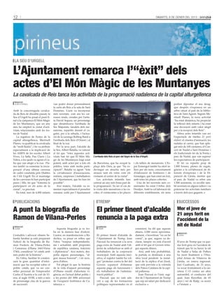 12                                                                                                                                              Dimarts, 8 de gener del 2013




 la seu d’urgell

L’Ajuntament remarca l’“èxit” dels
actes d’El Món Màgic de les Muntanyes
La cavalcada de Reis tanca les activitats de la programació nadalenca de la capital alturgellenca
                                                                                                                                      ajuntament de la seu d’urgell
 Redacció
 la seu d’urgell                       van poder donar personalment                                                                                                   podien dipositar el seu desig,
                                       la carta als Reis a la sala de Sant                                                                                            que després s’exposava en un
Amb la concorreguda cavalca-           Domènec. L’acte va incorporar                                                                                                  arbre situat al pati de la biblio-
da de Reis de dissabte passat, la      més novetats, com ara les car-                                                                                                 teca de Sant Agustí. Segons Me-
Seu d’Urgell ha posat el punt fi-      rosses reials, creades per l’artis-                                                                                            ritxell Planes, la nova activitat
nal a la campanya El Món Màgic         ta David Segura; un personatge                                                                                                 “ha estat dinàmica, ha propiciat
de les Muntanyes, que un any           que dinamitzava l’arribada de                                                                                                  la reflexió dels infants i ha estat
més ha omplert la ciutat d’acti-       Ses Majestats; fanalets dels me-                                                                                               una decoració amb valor afegit
vitats relacionades amb les fes-       nairons, repartits durant el ca-                                                                                               per a la recepció dels Reis”.
tes de Nadal.                          gatió, per a la rebuda, i l’actua-                                                                                                 Altres actes infantils van ser
   La regidora de Festes de la         ció de la xaranga Rolling Band a                                                                                               l’espectacle de titelles El petit
capital alturgellenca, Meritxell       l’arribada dels Reis d’Orient i al                                                                                             elefant; el cinema d’animació; les
Planes, va qualificar la cavalcada     final de la rua.                                                                                                               nadales al carrer, que han aple-
de “molt lluïda”, i ho va atribuir         Per la seva part, l’alcalde de                                                                                             gat més de 100 cantaires; el Con-
especialment a la implicació de        la Seu, Albert Batalla, va valorar                                                                                             cert de Nadal a Sant Domènec i
les AMPA de les escoles Albert         el fet que “totes aquestes acti-                                                                                               els tradicionals tió de la Freita i
Vives, La Salle, Pau Claris i La       vitats han fet que El Món Mà-         L’arribada dels Reis al parc del Segre de la Seu d’Urgell.                               parc de Nadal, que van superar
Valira, a les quals va agrair el ca-   gic de les Muntanyes hagi estat                                                                                                les expectatives de participació.
liu que van afegir a la rua. Pla-      potent, amb actes per a tots els      de Barcelona, que ha ocupat la            i els tallers de menairons. L’Es-                  El tió va repartir prop de
nes també va esmentar la incor-        públics, totes amb molta parti-       plaça dels Oms, ja que “ha es-            pai Ermengol també ha ofert ta-                1.000 bosses, plenes de regals,
poració d’una última carrossa          cipació”. Batalla va agrair “tota     devingut un atractiu més per              llers per als nens, concretament               gràcies a la col·laboració de di-
de carbó conduïda pels Diables         la col·laboració d’associacions,      atraure tant els veïns com els            d’elaboració de botifarres i de                ferents d’empreses i de la Di-
de l’Alt Urgell. En el muntatge        entitats, empreses i treballadors     visitants al centre de la ciutat”.        formatges, que han estat un èxit,              putació de Lleida, mentre que
de les carrosses hi han participat     de l’Ajuntament, que ho han fet          Les activitats infantils han           amb totes les places cobertes.                 el parc de Nadal va rebre uns
pares i fills, fet que “fomenta la     possible”.                            centrat un any més bona part de              Una de les novetats més co-                 1.500 assistents, va recollir tam-
participació en els actes de la            Així mateix, l’alcalde va es-     la programació. Va ser el cas de          mentades ha estat l’Arbre dels                 bé novetats en alguns tallers i va
ciutat”, va precisar.                  mentar especialment el pessebre       la visita dels menairons a les es-        Desitjos. Amb la col·laboració de              potenciar les activitats familiars
   En total, més de 4.000 infants      romànic cedit per l’Ajuntament        coles, el contacontes a les places        diferents establiments, els nens               a través dels jocs gegants.


 publicacions                                                                    tremp                                                                                    successos
A punt la biografia de                                                          El primer tinent d’alcalde                                                               Mor el jove de
                                                                                                                                                                         21 anys ferit en
Ramon de Vilana-Perles                                                          renuncia a la paga extra                                                                 l’accident de la
 Redacció                                                                        agències
                                                                                                                                                                         nit de Nadal
 oliana                                   Aquesta biografia ja es tro-           tremp                                   consistori, ha dit que aquests
                                       ba en la darrera fase d’edició.                                                   diners, 2.000 euros aproxima-
                                                                                                                                                                          Redacció
L’estudiós i advocat olianès Se-       L’autor, en manifestacions a Rà-         El primer tinent d’alcalde de            dament, s’invertiran “en un bé                   lleida
bastià Sardiné ja està preparant       dioSeu, va posar en relleu que           l’Ajuntament de Tremp, Joan              comú”, ja que, segons va de-
l’edició de la biografia de Ra-        l’obra “traspua independentis-           Pascual, ha renunciat a la seva          clarar, tampoc no està d’acord                  El jove de Tremp que va que-
mon Frederic de Vilana-Perles          me i actualitat, amb propostes           paga extra de Nadal amb l’ob-            amb el fet que el Govern retin-                 dar ferit greu en l’accident de
i Camarasa (Oliana 1663-Viena          de república catalana, traïcions         jectiu de solidaritzar-se amb el         gui aquests diners.                             trànsit que hi va haver la nit
1740), considerat “el català amb       i diplomàcia”. Així mateix, des-         treballadors de la corporació               Així, amb tota probabilitat,                 de Nadal a Salàs de Pallars
més poder de la història”.             pulla alguns personatges, “al-           municipal. Amb aquesta inici-            la partida es destinarà a una                   ha mort finalment a l’Hos-
   En l’obra, Sardiné hi conden-       gun massa honorat”, i en recu-           ativa, el regidor també ha vol-          obra local pendent: la instal·                  pital Arnau de Vilanova de
sarà la gran quantitat d’infor-        pera d’altres.                           gut “protestar contra la llei del        lació de la rèplica d’un fòssil,                Lleida, on estava ingressat.
mació que ha recopilat sobre el           Tot plegat fa que la història         Govern espanyol d’eliminar               que està prevista a la rotonda                  Joel Cuadrado, de 21 anys,
polític català, que va ser con-        de la vida d’aquest personatge           aquesta paga als funcionaris i           dels Països Catalans de la capi-                va xocar frontalment a la car-
seller personal de l’emperador         d’Oliana resulti d’absoluta vi-          els treballadors de l’adminis-           tal pallaresa.                                  retera C-13 contra un altre
Carles d’Àustria a la cort de Vi-      gència, en l’actual debat polític i      tració pública”.                            Joan Pascual és l’únic regi-                 automòbil, el conductor del
ena, al segle XVIII, a més a més       a les portes del 300è aniversari            Pascual, que no està ads-             dor de l’Ajuntament de Tremp                    qual, Joan Ravetllat, de 65
de personatge clau de la guerra        de l’ocupació borbònica de Ca-           crit a cap de les formacions             que rep un salari per dedicació                 anys i veí de Rialp, va morir
de successió.                          talunya.                                 polítiques representades en el           exclusiva.                                      a l’instant.
 