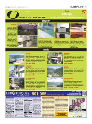 DIMARTS, 8 DE GENER DEL 2013                                                                                                                                                                            CLASSIFICATS                                  21




                                                                                                                          Lloguer
                AIXIRIVALL
                 REF. 00866
   Preciosa casa adossada,
     planta baixa: garatge 2
  cotxes, bany, cuina nova
     equipada amb sortida,
      menjador amb llar de
      foc. Planta -1: 2 men-
     jadors amb llar de foc,
    cuina amb barra, bany,
 bugaderia equipada, jardí
  i celler. Planta 1: 1 suite,
   2 habitacions dobles i 1                                                                                   LA MASSANA REF. 00034                                ANDORRA LA VELLA                                      EL TARTER
  individual i 1 bany. Plan-                                                                                  Pis seminou de 120 m², 4 habi-                       REF. 00864                                            REF. 00858
  ta 2: gran habitació amb                                                                                    tacions amb armaris encastats, 2                     Pis seminou de 2 habitacions amb                      Pis a la Pleta del Tarter, amb 3
     vestidor amb sortida a                                                                                   banys complets, cuina equipada                       armaris encastats, cuina americana,                   habitacions, menjador amb llar de
   terrassa. Totalment mo-                                                                                    amb vitroceràmica, forn i campana,                   traster inclòs, amb pàrquing opcional.                foc, cuina equipada,2 banys, jardí, 2
   blada i precioses vistes!                                                                                  safareig, saló amb balcó, jardí de                   Preu: 540 €/mes                                       places d’aparcament, moblat i equipat
        Preu: 1.600 €/mes                                                                                     60 m², 2 places de garatge i 2 tras-                                                                       d’estil rústic.
                                                                                                              ters inclosos. PREU: 800 €/mes                                                                             Preu: 850 €/mes

                                                                                                                             Venda
                                                                  ANYÓS                                                                                                                              AIXIRIVALL
                                                                  REF. 00113                                                                                                                         REF. 00197
                                                                  OBRA NOVA. Casa adossada de 330 m².                                                                                                Casa adossada de 200 m² + 90 m² de jardí
                                                                  Vistes panoràmiques, jardí de 100 m², aca-                                                                                         amb barbacoa. Ampli saló menjador amb
                                                                  bats d’alta gamma, 4 habitacions, calefac-                                                                                         llar de foc, cuina office totalment equipa-
                                                                  ció i aigua calenta per geotèrmia. Domòti-                                                                                         da, 4 habitacions, 3 banys, ascensor, cava,
                                                                  ca, ascensor, garatge per a 5 cotxes.                                                                                              safareig, garatge.
                                                                  Preu: 895.000 €                                                                                                                    Preu: 550.000 €
                                                                  CERTERS                                                                                                                            ANYÓS
                                                                  REF. 00787                                                                                                                         REF. 00767
                                                                  OBRA NOVA. Xalet unifamiliar a 5 minuts                                                                                            Parcel·la de terreny de 681 m² en urba-
                                                                  del centre de Sant Julià. Vistes panoràmi-                                                                                         nització residencial molt tranquil·la. Sòl
                                                                  ques, orientació sud, acabats d’alta gamma,                                                                                        consolidat i compta amb tots els serveis.
                                                                  270 m² d’habitatge + terrasses i garatge.
                                                                                                                                                                                                     Preu: 360.000 €
                                                                  Preu: a consultar

                                                                  LA MARGINEDA                                                                                                                        CORTALS D’ANYÓS
                                                                  REF. 00660                                                                                                                          REF. 00850
                                                                  Xalet unifamiliar de 645 m². Vistes panorà-                                                                                         Parcel·les de terreny de 473 a 3.000 m².
                                                                  miques, orientació sud. Ampli saló menja-                                                                                           Zona urbanitzada, magnífiques vistes.
                                                                  dor amb llar de foc, cuina office amb llar                                                                                          Coeficient d’edificabilitat: 0,8 m² sostre; alça-
                                                                  de foc. 6 habitacions dobles, 2 suites, spa,                                                                                        da reguladora: 8 m.; ocupació màxima: 33%.
                                                                  jardí amb barbacoa, garatge per a 5 cot-
                                                                  xes, pràctic de golf, sala de billar.                                                                                               Preu: a partir de 283.800 €
                                                                  Preu: a consultar


                                                                                       801 065
                                                                                                                                                                                                                         NOVA ADREÇA:
                                                                                                                                                                                                                     Av. Riberaygua 39 4ª
                                                                                                                                          www.eurofinques.com                                                  Andorra la Vella Fax: 86 19 80
                                                                                                                                                                                                                comercial@eurofinques.com
                                                 L L O G U E R S                                                                               M O BL AT S        ( L L O GUERS)                                                 O P O R T U N I T A T S
  ESCALDES-ENGORDANY           2 habitacions dobles, nou, cuina independent, ampli         quing i guardaesquís (Ref.                 ANDORRA LA VELLA                 1 hab. doble (Arinsal), reformat, cuina
2 hab., 1 bany, cuina tan-     cuina independent, pos- menjador, exterior (Ref.            1857). 600 €                   3 habitacions, 2 banys, hidromassatge,       equipada (Ref. 2132). 450 €
cada, possibilitat de pàr-     sibilitat de pàrquing (Ref. 3019). 650 €                       SANT JULIÀ DE LÒRIA         molt cèntric, moblat de luxe, sol, opció              SANT JULIÀ DE LÒRIA
quing (Ref. 3308). 620 €       2877). 650 €                            CANILLO                                            de pàrquing (Ref. 3271). 850 €
                                                                                           2 hab., ampli menjador, 1                                                   1 habitació, nou, 73 m2, sol i vistes (Ref.
2 habitacions, nou, cale-      3 hab. dobles (molt cèn- ÀTIC, 1 habitació (entre           bany, cuina tancada (Ref.               ESCALDES-ENGORDANY                  2654). 500 €
facció inclosa, possibilitat   tric), tot exterior, cuina SOLDEU i EL TARTER), nou,        2977). 450 €
                               independent, totalment re- amb altell, pàrquing i tras-                                    1 habitació doble, nou, cuina equipada       ÀTIC DÚPLEX, 2 habitacions, 2 banys,
de pàrquing (Ref. 2539).                                                                   1 hab., ampli menjador, 1      (Ref. 3277). 480 €                           terrassa de 30 m2 (Ref. 2556). 700 €
670 €                          format, sol, pàrquing (Ref. ter (Ref. 1792). 400 €
                               2477). 750 €                                                bany, cuina tancada, pàr-      1 habitació doble, nou, molt cèntric, qua-                     CANILLO
3 habitacions, cèntric,                                     1 habitació, 1 bany, cuina     quing (Ref. 3033). 450 €       litat (Ref. 3030). 645 €
110 m2, nou, cuina tancada     4 hab., ampli menj., cuina (Ref. 2904). 400 €                                                                                           1 habitació (pleta d’Incles), equipat, pàr-
                               ofﬁce, pàrquing i traster                                   3 habitacions, ampli men-                       ENCAMP                      quing (Ref. 2999). 400 €
(Ref. 2025). 675 €                                          2 hab., 1 bany, cuina. Pàrq.   jador, 2 banys, cuina tan-
                               (Ref. 2505). 825 €                                                                         1 habitació doble, a prop del Funicamp       ÀTIC, 2 hab. (l’Aldosa), 1 bany, terrassa,
3 habitacions, cèntric,                                     (Ref. 2056). 450 €             cada, pàrquing (Ref. 3194).
nou, cuina tancada, quali-              LA MASSANA                                         575 €                          (Ref. 1918). 400 €                           sol, pàrq. (Ref. 2940). 500 €
                                                            2 hab., ampli menj., nou,                                                                                                                                            ARINSAL - OPORTUNITAT
tat (Ref. 3253). 800 €         1 habitació, ampli menj., sol i vistes. Pàrquing i tras-                                   1 habitació (la Bartra), reformat de luxe,   ÀTIC, 2 habitacions (el Tarter), 1 bany,
                               exterior, pàrquing i traster ter (Ref. 2972). 500 €
                                                                                           ÀTIC DÚPLEX, 2 hab.,
                                                                                                                          terrassa, sol, exterior, pàrquing (Ref.      pàrquing (Ref. 3115). 550 €
                                                                                                                                                                                                                         (Rebaixat de 135.000 a 84.384 euros)
     ANDORRA LA VELLA                                                                      2 banys, terrassa de
                               (Ref. 2490). 425 €                                          30 m2 (Ref. 3063). 650 €       3295). 500 €                                                                                REFORMAT, 57 m2, 1 habitació doble, 1 bany + 1
1 habitació, ampli men-                                                ENCAMP
jador, possibilitat de pàrq.   2 habitacions, nou, ampli                                   3 habitacions, ampli men-      2 habitacions dobles, impecable, sol,            LLOGUERS TEMPORADA                        bany auxiliar, tot exterior, terrassa, ampli menjador,
(Ref. 2651). 400 €             menjador, exterior, pàr- 1 habitació, nou, pàrquing         jador, 2 banys, cuina tanca-   vistes, pàrquing (Ref. 1851). 650 €                                                         moblat, cuina equipada i actualitzada, rentadora,
                               quing i traster (Ref. 3035). i guardaesquís (Ref 1852).                                                                                       1 I 2 HABITACIONS
2 hab., ampli menjador,                                     450 €                          da (Ref. 3121). 650 €                         LA MASSANA                                                                                        PÀRQUING.
                               500 €                                                                                                                                      COMPLETAMENT EQUIPATS
possibilitat de pàrquing
                               ÀTIC, 3 habitacions dobles, 2 habitacions, nou, pàr-
                                                                                                                          Estudi, exterior, cèntric, equipat                                                                      Ref. 2712. 84.384 €
(Ref. 3168). 450 €                                                                                                        (Ref. 2971). 395 €
 